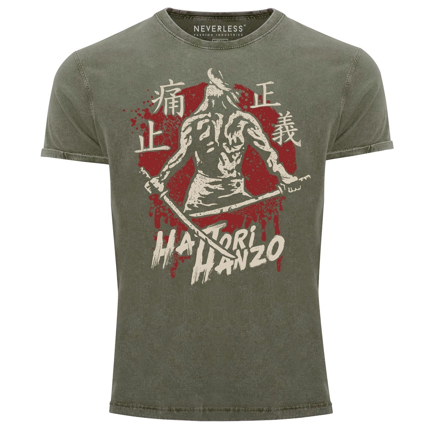 Neverless Print-Shirt Herren Vintage Shirt Samurai Schwert japanische Schriftzeichen Schriftzug Hattori Hanzo Used Look Neverless® mit Print oliv