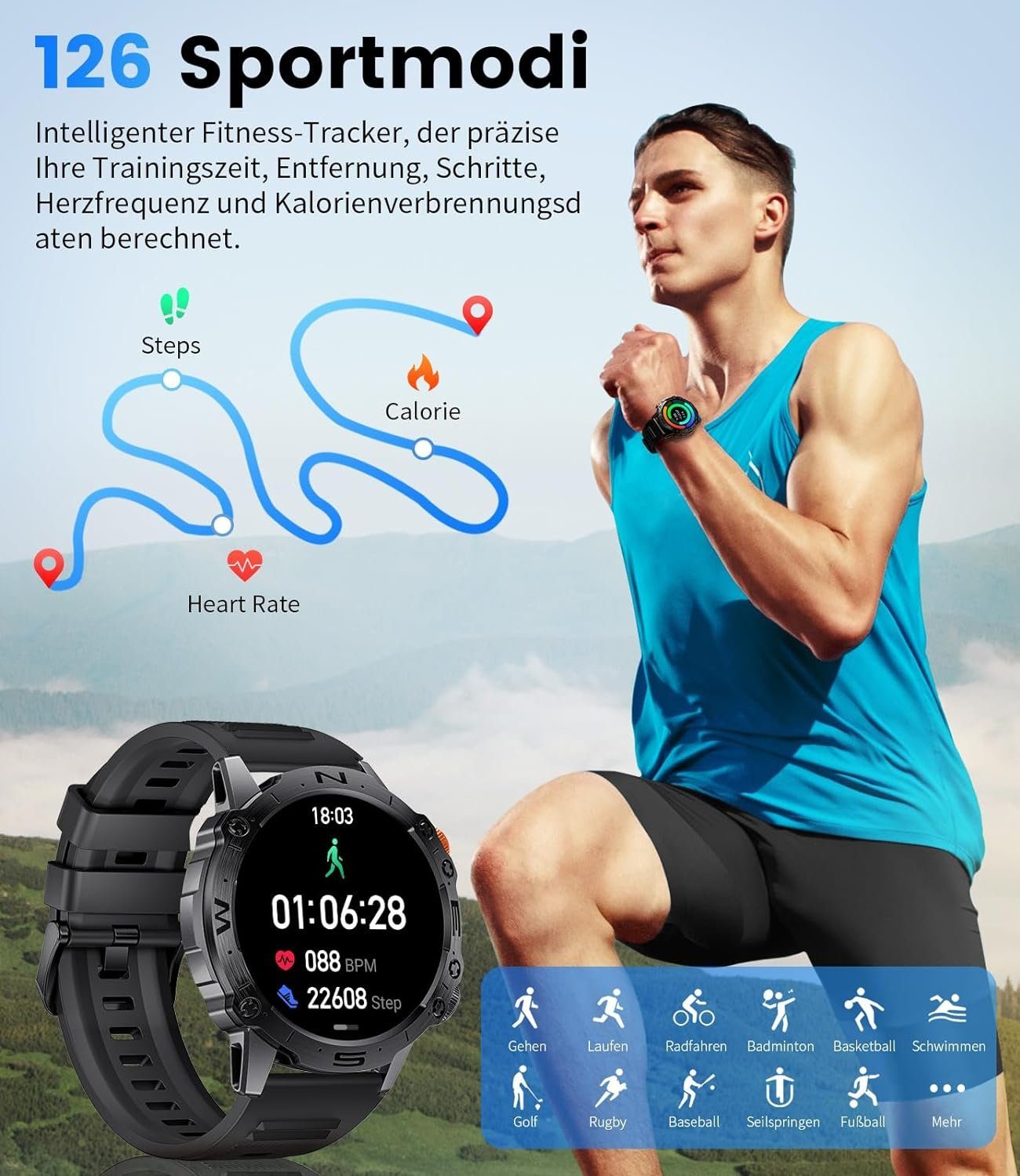 Lige Smartwatch (1,43 Zoll, Andriod IP68 Sprachassistent mit Display Wasserdicht Always-on iOS), Telefonfunktion