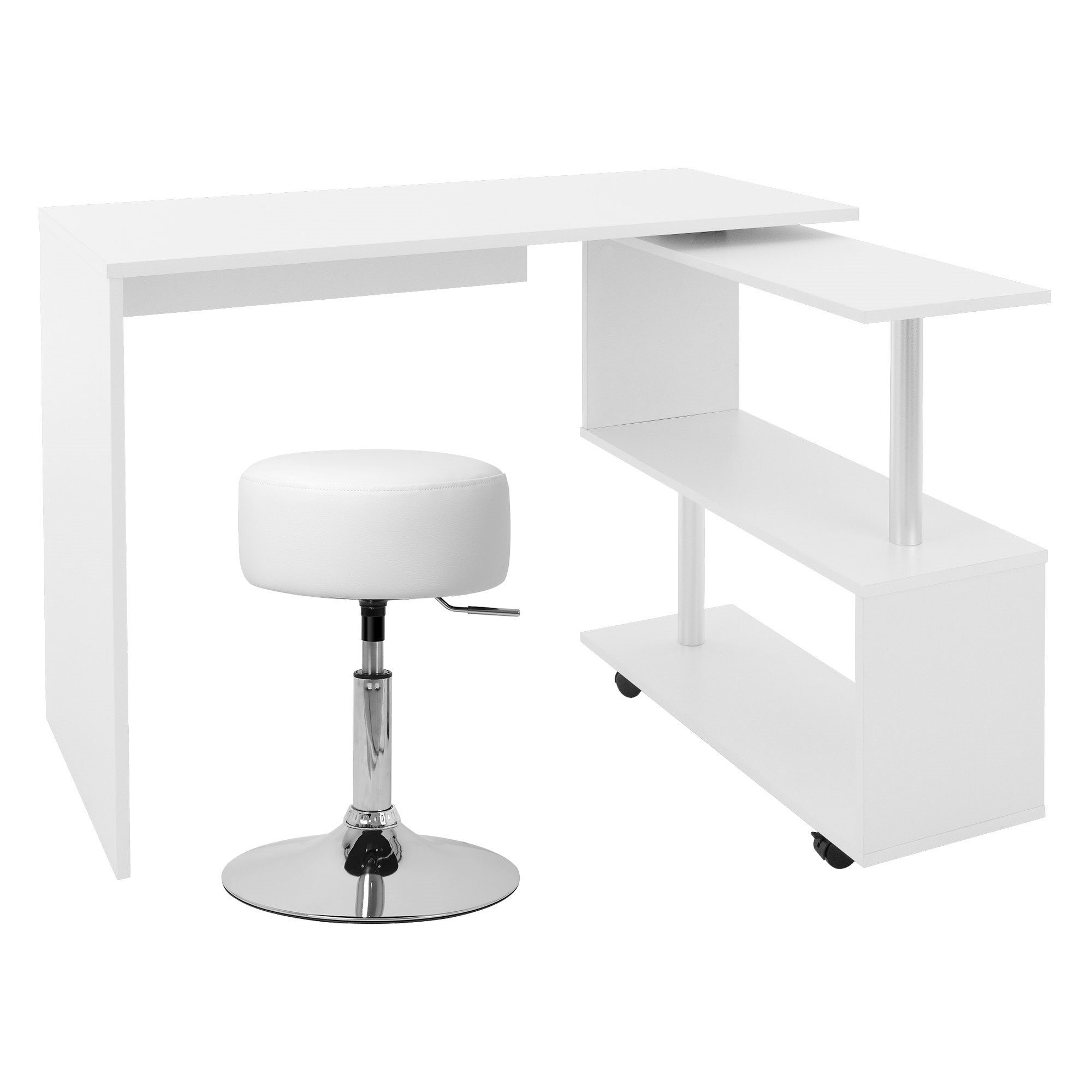 ML-DESIGN Schreibtisch Eckschreibtisch mit Sitzhocker Bürotisch PC Tisch Polsterhocker, Weiß L-Form 150x88x75cm mit 2 Regale Hocker Kunstleder rund Ø33cm