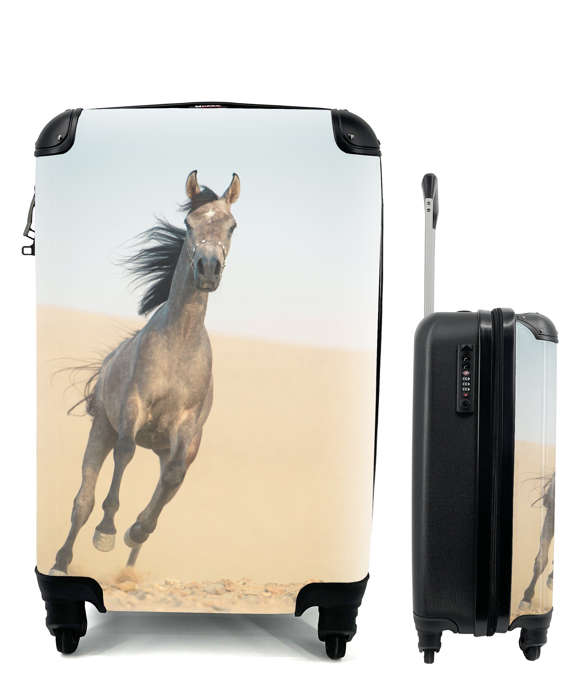 MuchoWow Handgepäckkoffer Rollen, für Reisekoffer Handgepäck Ferien, 4 Sand Reisetasche rollen, mit Wüste, - - Pferd Trolley