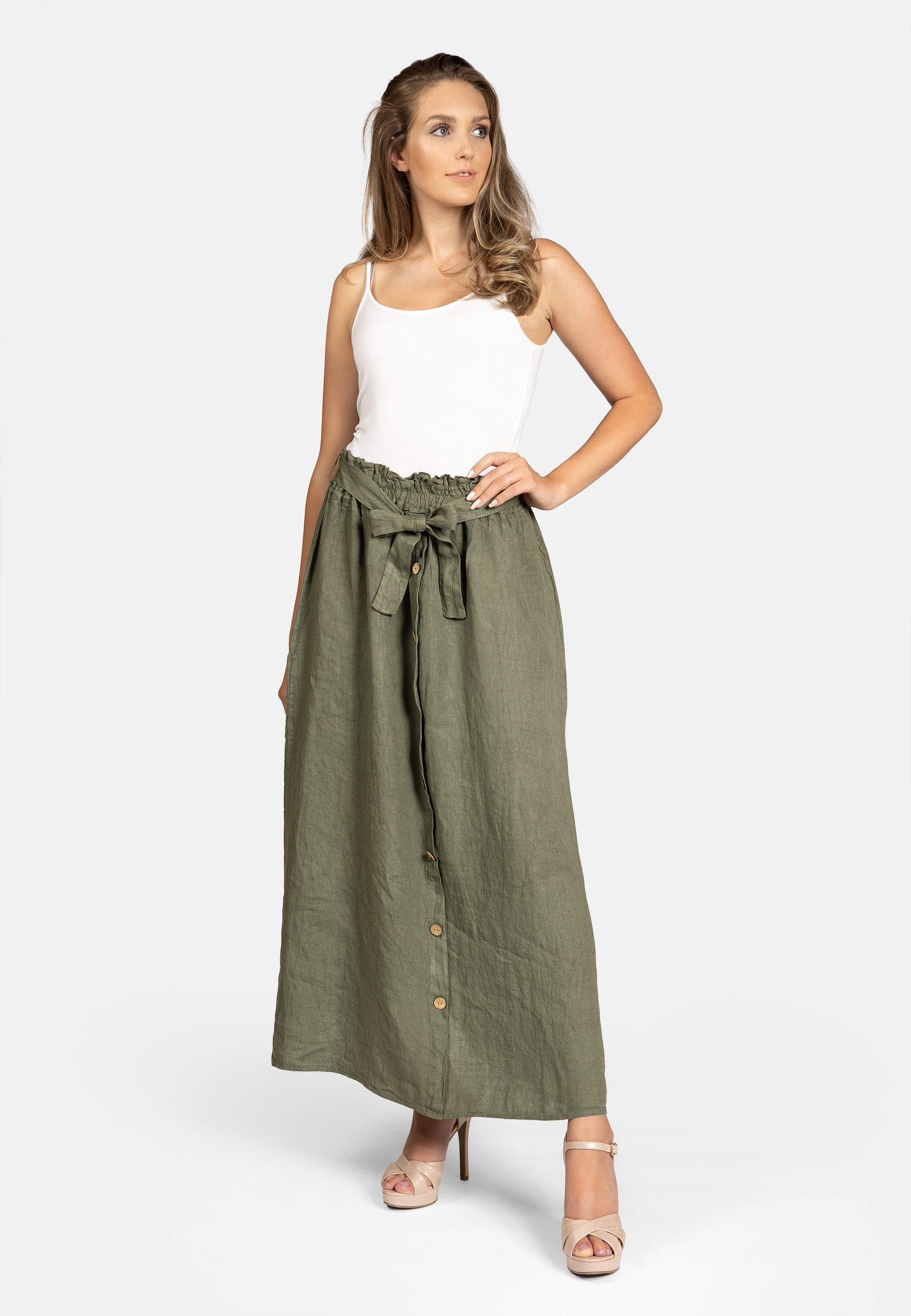 Caspar Faltenrock RO032 langer Maxi Sommer Leinenrock mit Holzknöpfe Dekor