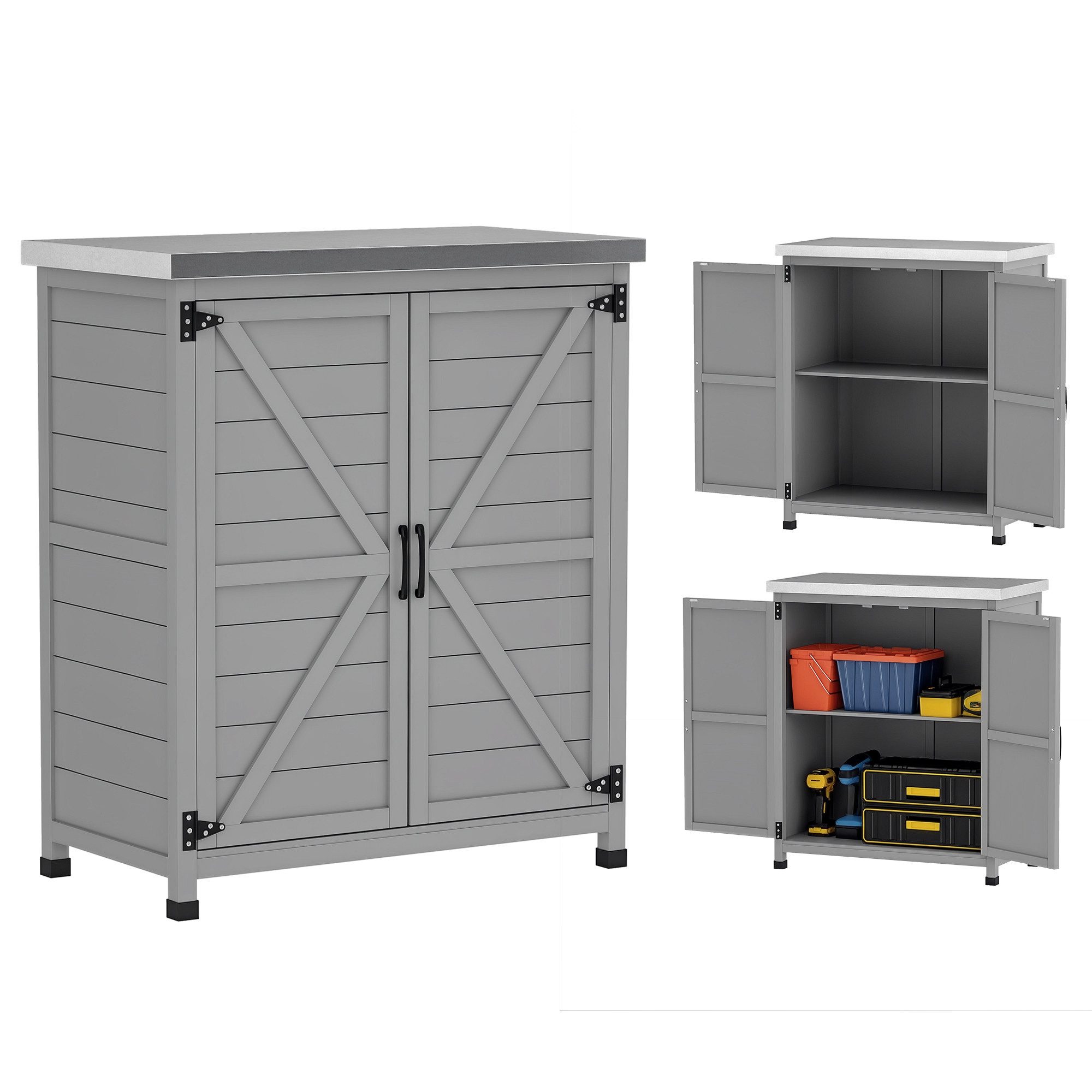 Outsunny Garten-Geräteschrank Outdoor wetterfest Aufbewahrungsschrank mit Arbeitsplatte Doppeltür, BxT: 79x43 cm, (Gartenschrank, 2 St., Pflanztisch mit Untersc – Bild 2 von 5
