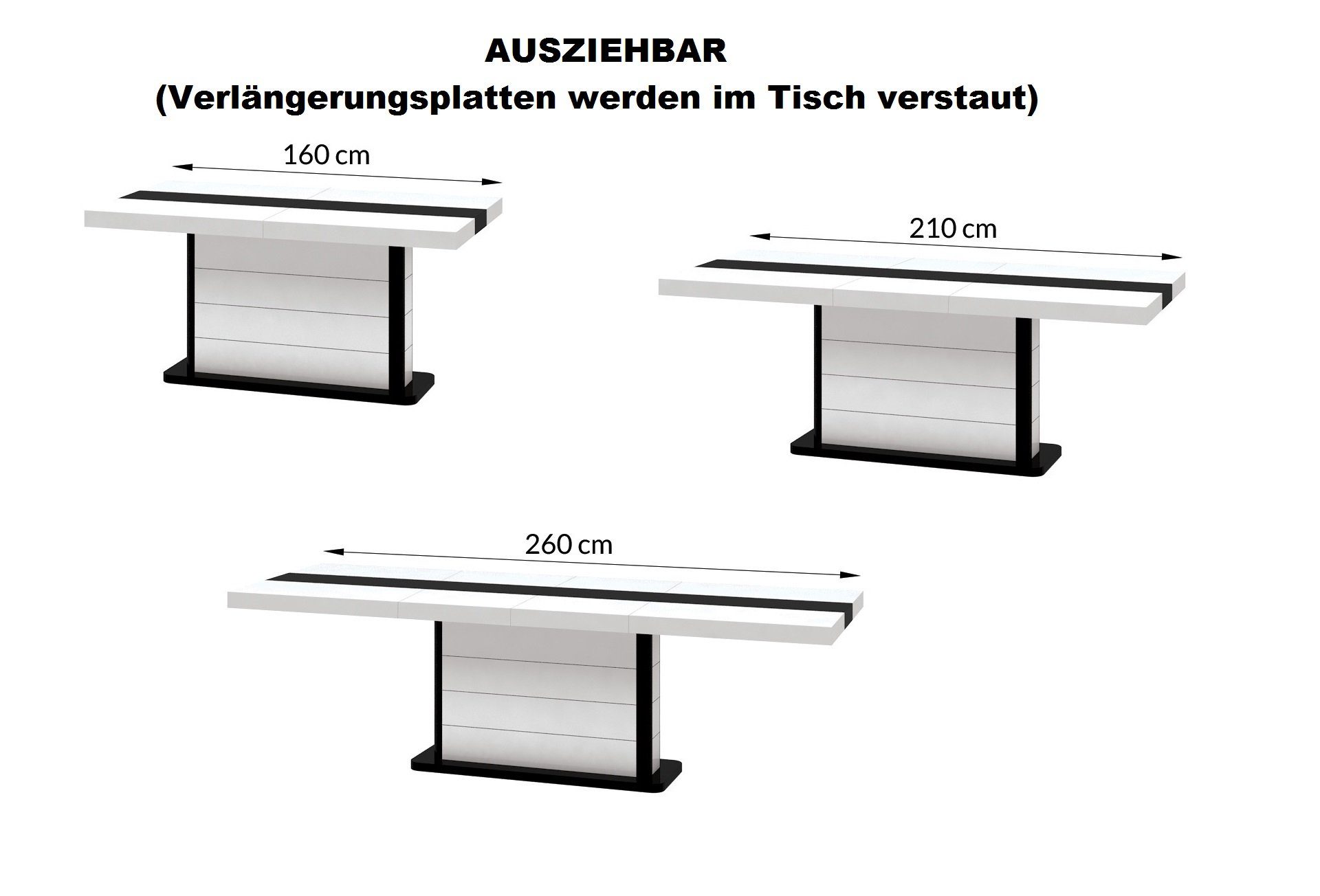 260 160 HE-555 Esstisch Tisch cm - designimpex Weiß Hochglanz Schwarz Design ausziehbar bis