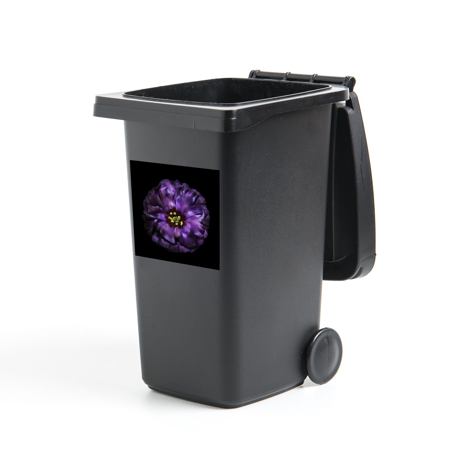 MuchoWow Wandsticker Eine violette Blume vor schwarzem Hintergrund abgebildet (1 St), Mülleimer-aufkleber, Mülltonne, Sticker, Container, Abfalbehälter