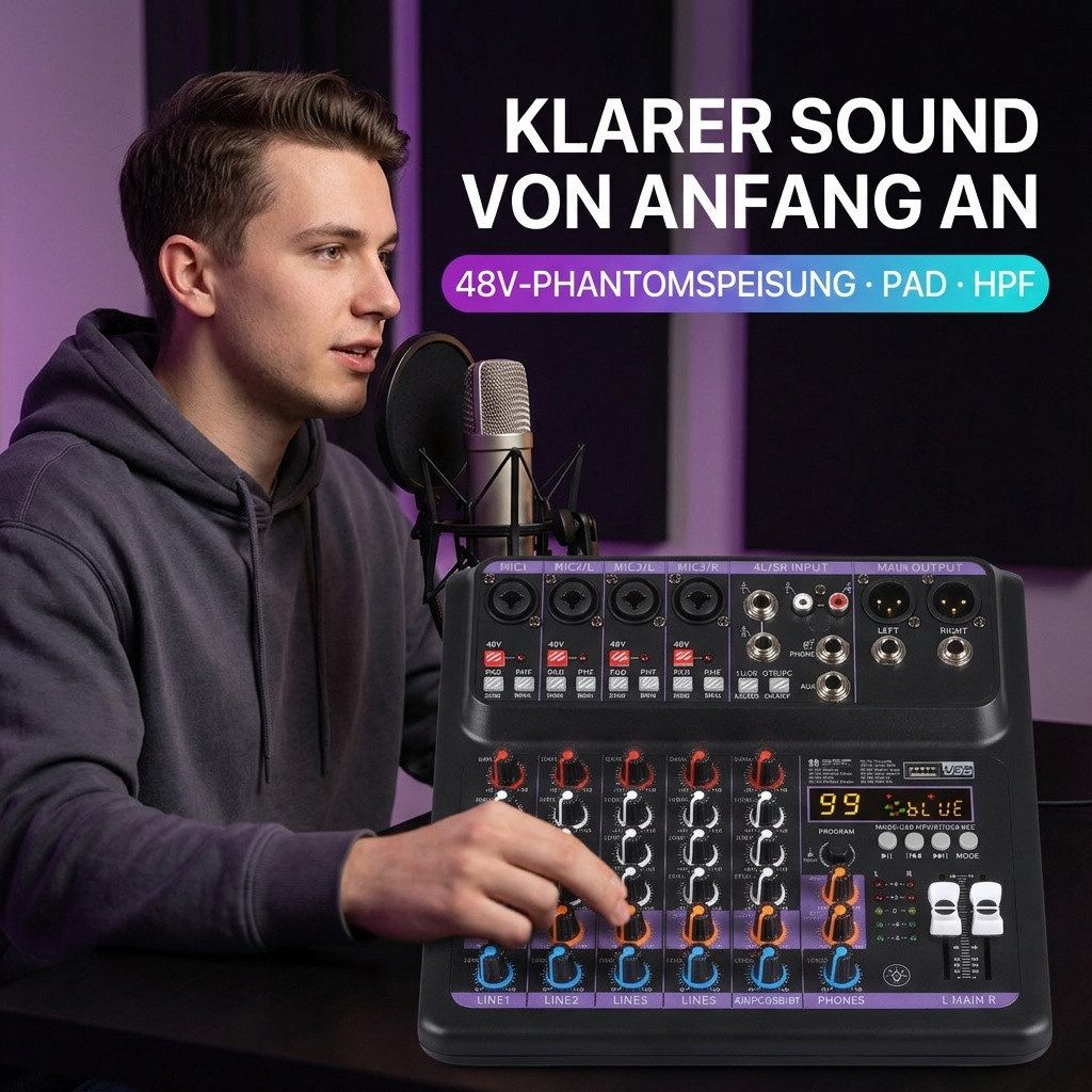 nsihing Mischpult 5-Kanal DSP Digital Mischpult, Audio Mixer mit 99 DSP Effekten, USB, Audio Interface, 48V Phantomspeisung, Bluetooth MP3 Player – Bild 4 von 5