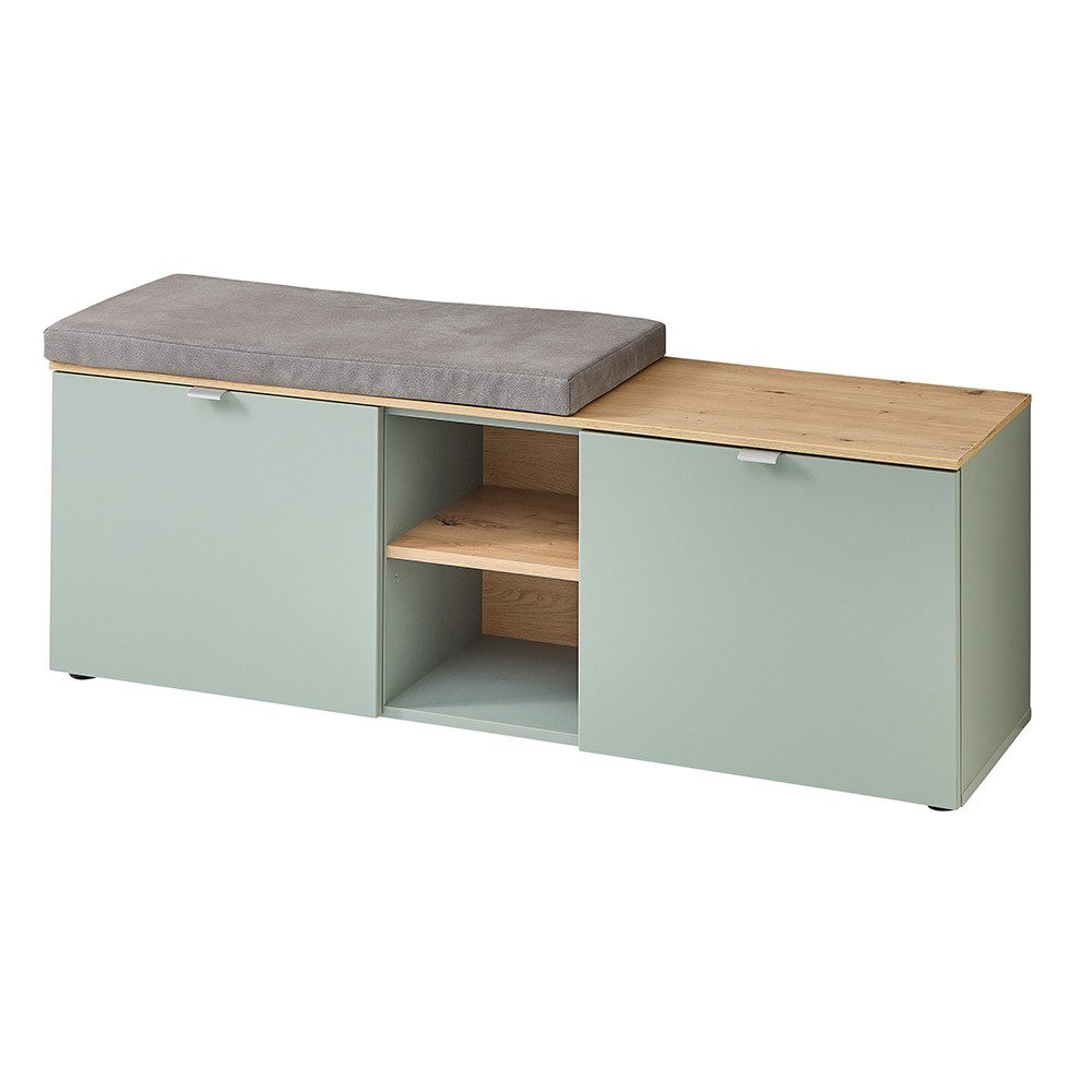 Lomadox Schuhbank BLISS-36, Bank Garderobe Flur inkl. Sitzpolster grün matt Eiche 128x49,3x37,4 cm