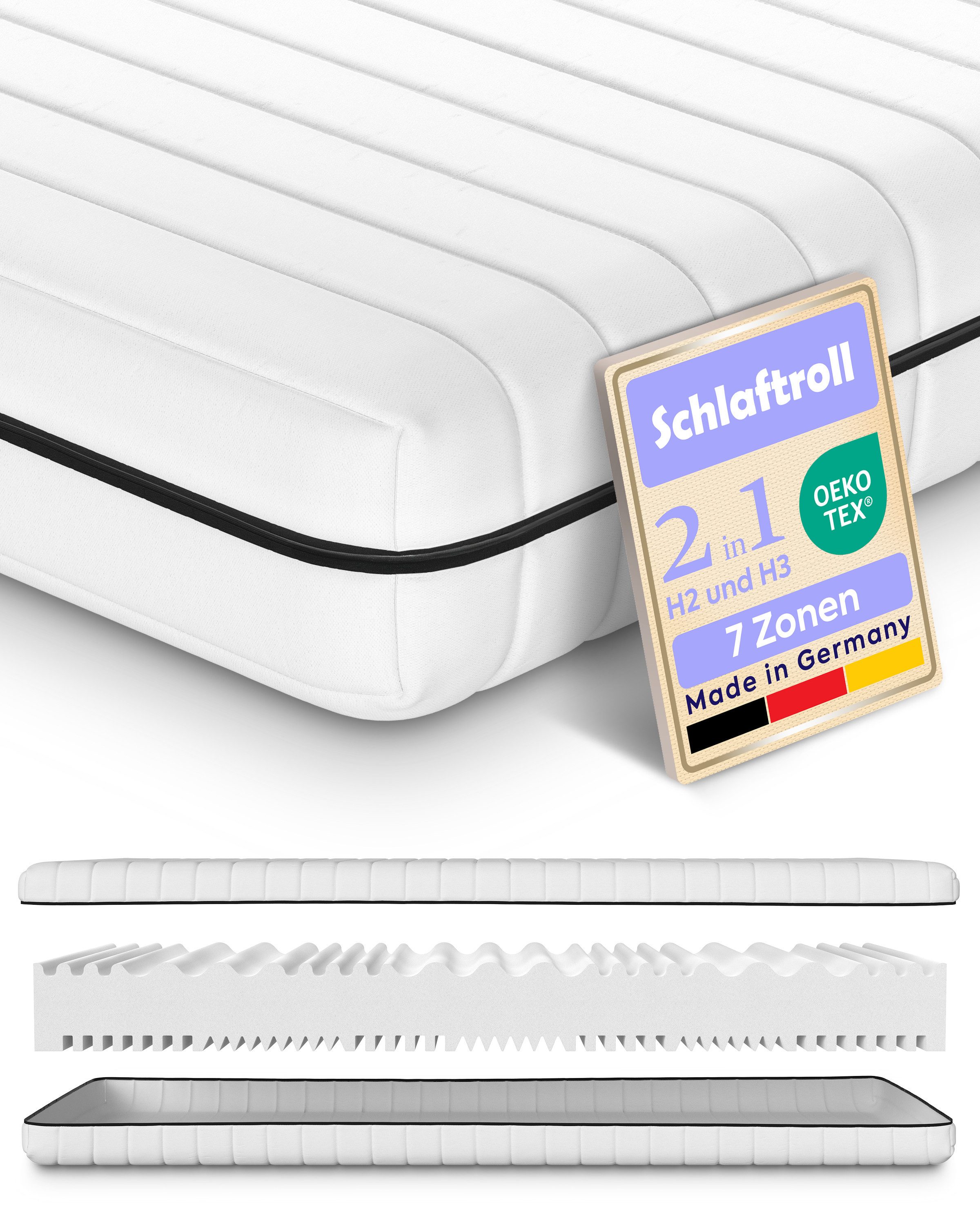 Kaltschaummatratze mit Festigkeitsstufe H2/H3 und 7 anatomisch geformten Liegebereichen, Schlaftroll, 15 cm hoch, 140x200 cm, 90x200 cm, 180x200 cm und weiteren größen