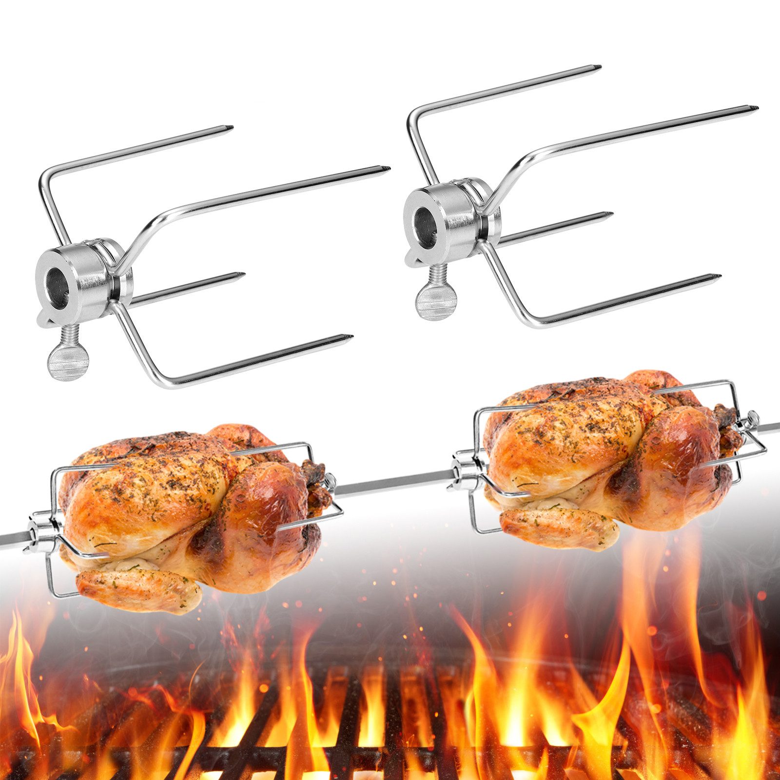FIVMEN Fleischgabel Fleischnadeln Edelstahl Fleischklammer Grillspieß Grill für Drehspieß, Multifunktionale Klammern für Grillspieß 2 Stück per Set