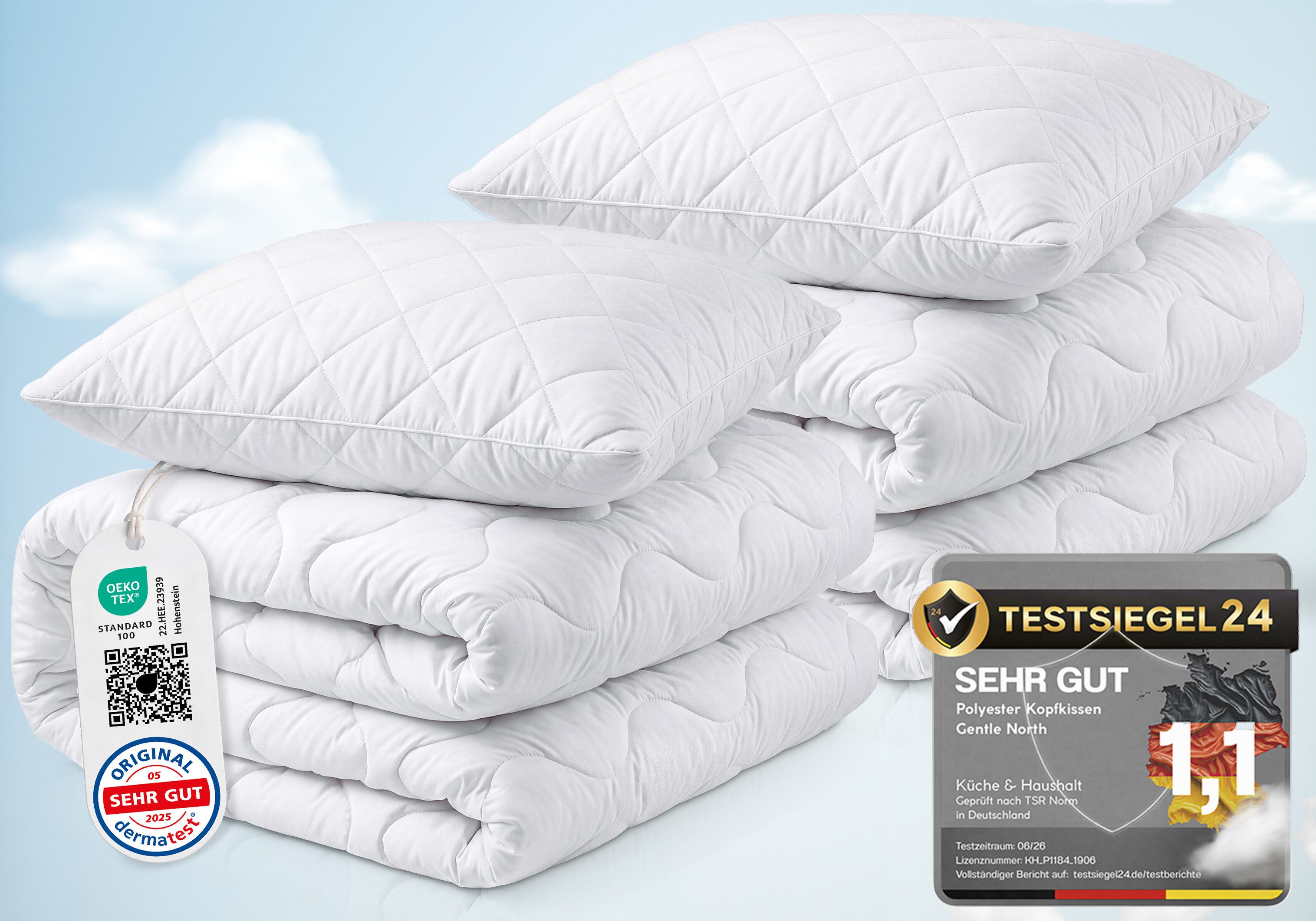 Gentle North Microfaserbettdecke + Kopfkissen Bettdecke & Kopfkissen - 2-Set Kopfkissen - Ganzjahresdecke, Füllung: 100% Polyester, Reißverschluss beim Kissen - waschbar - allergikerfreundlich