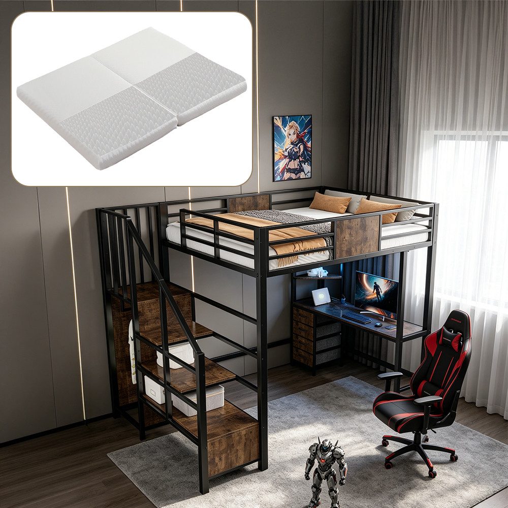 REDOM Hochbett mit Schreibtisch, LED-Beleuchtung und Ablagefächern (Metallbett Kinderbett, Einzelbett 90 x 200 cm) Inklusive Matratze