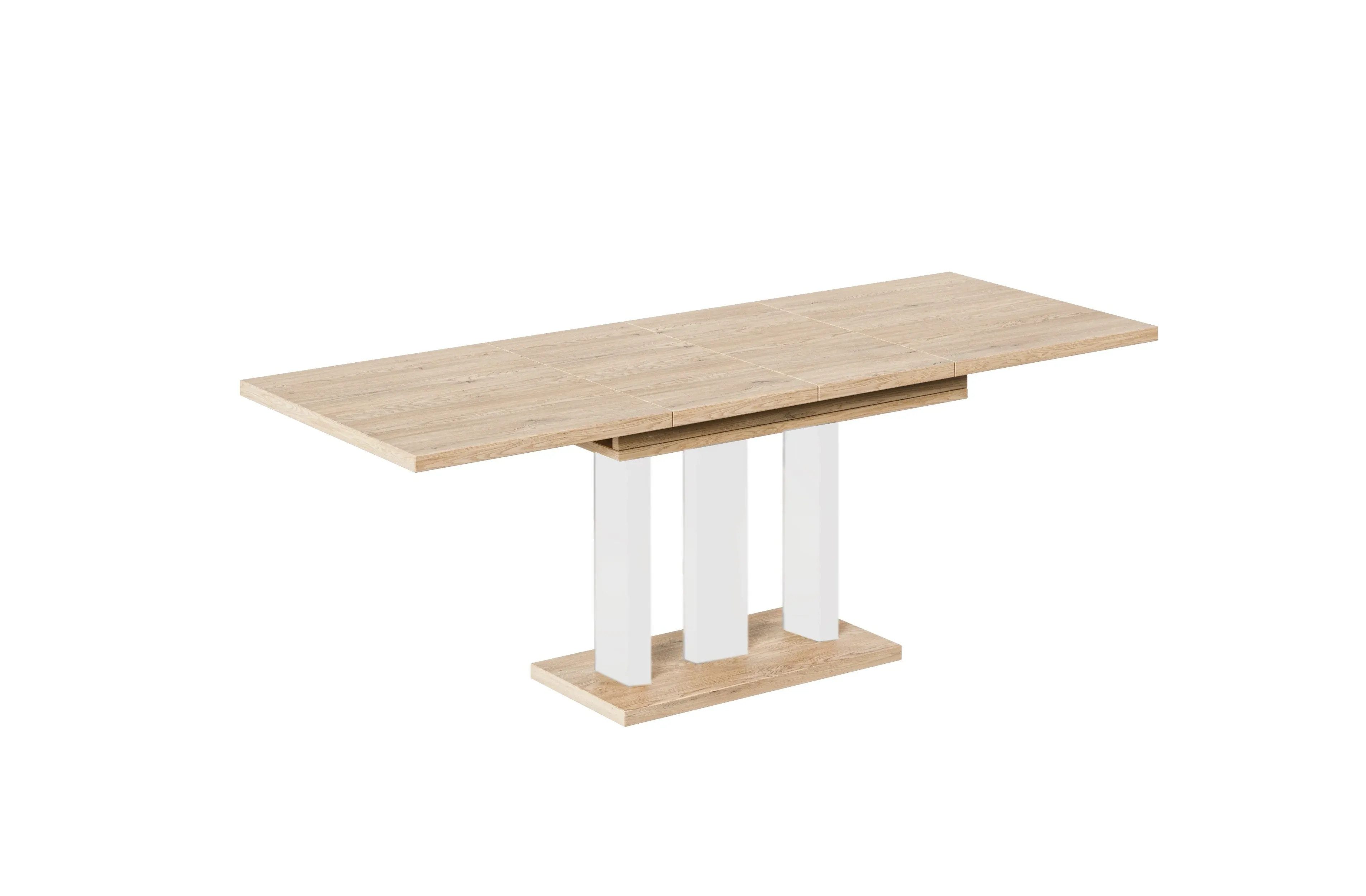 Endo-Moebel Säulen-Esstisch "Appia White" 130-210cm ausziehbar, erweiterbar, modern (1 Tisch), 2 Erweiterungsplatten, für 4, 6 oder 8 Personen, weiße Beine