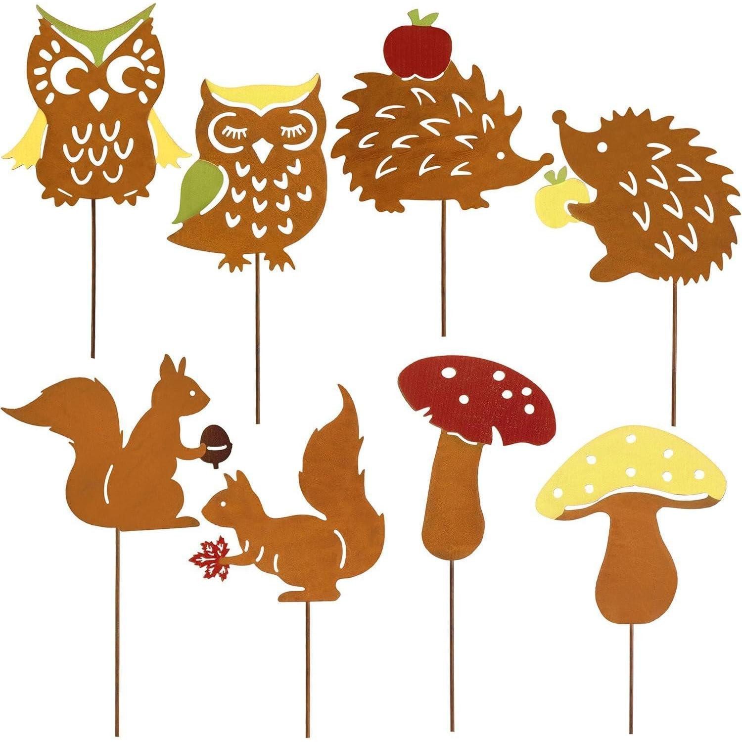LuxusKollektion Gartenfigur 8er Rost Gartenstecker Herbstdeko 25cm Bunt Rostoptik Igel Eule Pilze