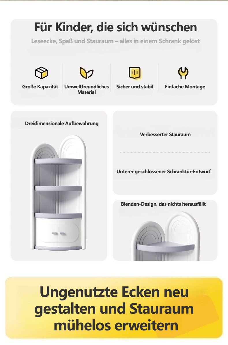 habeig Kinderregal Eckschrank für Kinderzimmer, Weiß-Grau, 138cm Höhe, Türen, abgerundete Kanten, Aussparung für Fussbodenleiste