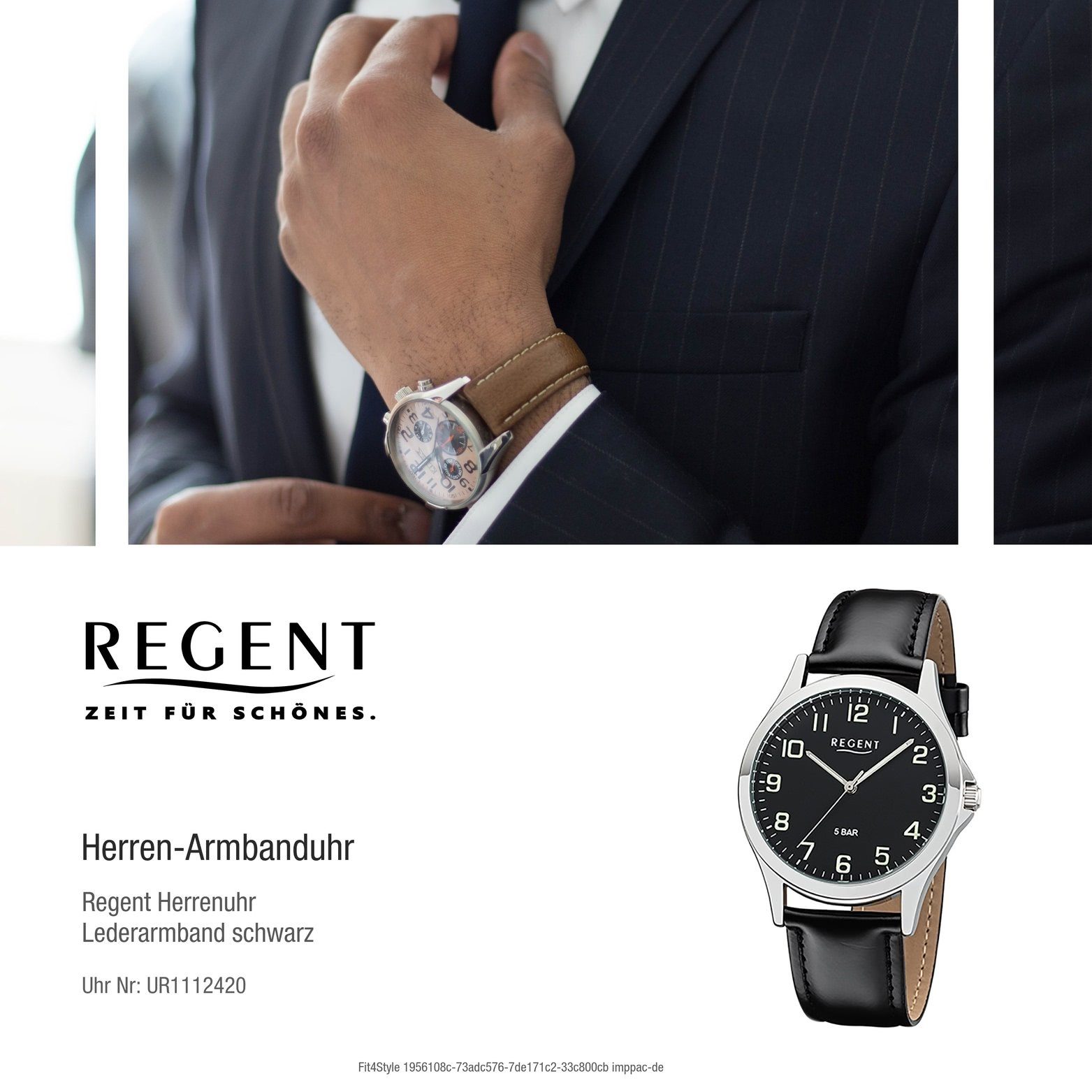 Regent Quarzuhr Regent Leder Herren Uhr 1112420 Analog, Herrenuhr  Lederarmband schwarz, rundes Gehäuse, mittel (ca. 39mm)