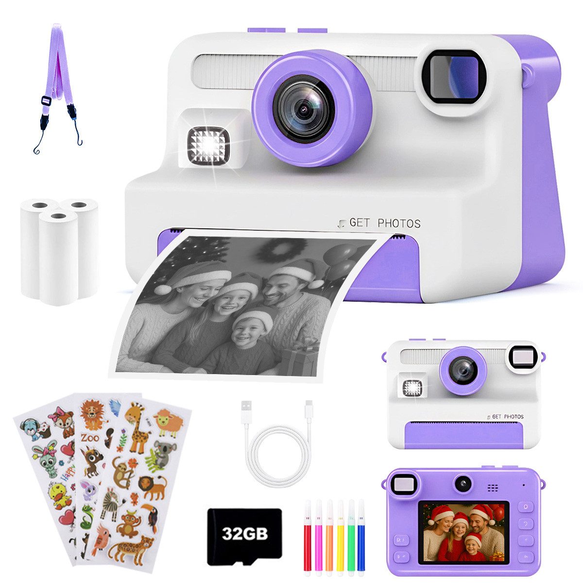 FOSMET Kinderkamera Sofortbildkamera,1080P 2,4" Display Digitalkamera Kinder Kinderkamera (30 MP, 8x opt. Zoom, inkl. Lustige Kinderspielzeug Geschenke für Jungen & Mädchen von 3-12 Jahren, 30MP Sofortbildkamera Kinder mit 32GB Karte & 3 Rollen Druckpapie
