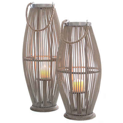 Annastore Laterne aus Bambus mit Henkel und Glaszylinder Bambuslaterne Gartenlaterne, Windlicht aus Bambus