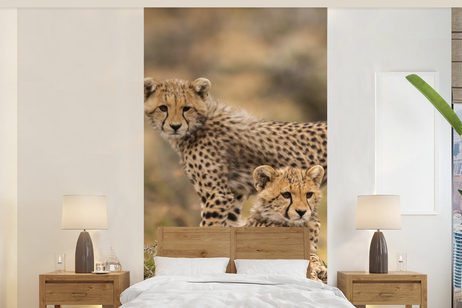 MuchoWow Fototapete Leopard - Jungtier - Natur, Matt, bedruckt, (2 St), Vliestapete für Wohnzimmer Schlafzimmer Küche, Fototapete
