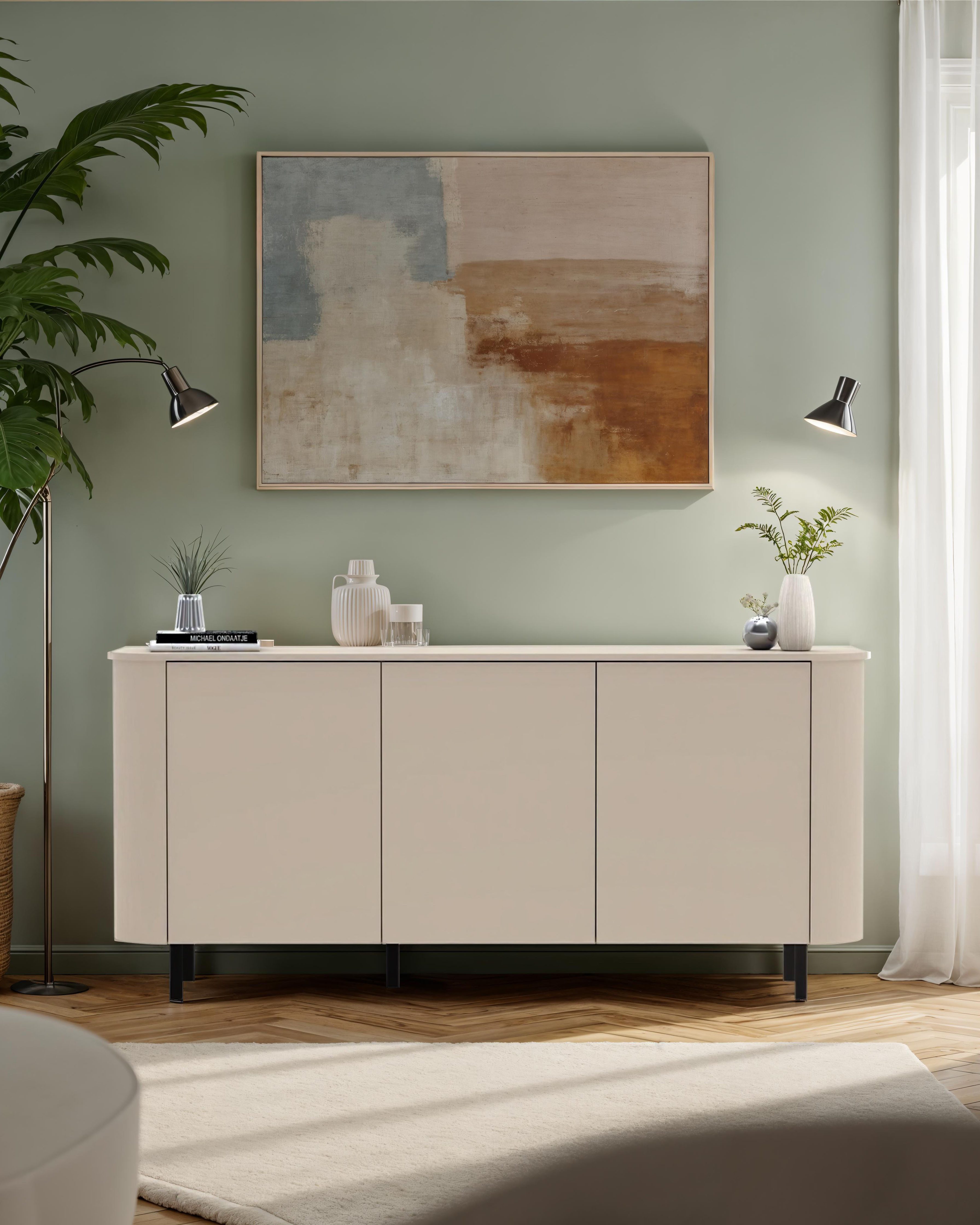 OTTO home Sideboard Lido, 181 cm breit, 3 Türen, Anrichte, Kommode, Stauraumschrank, Formgebogenes MDF, Stirnseiten mit Rundung, Push-to-open, Metallfüße