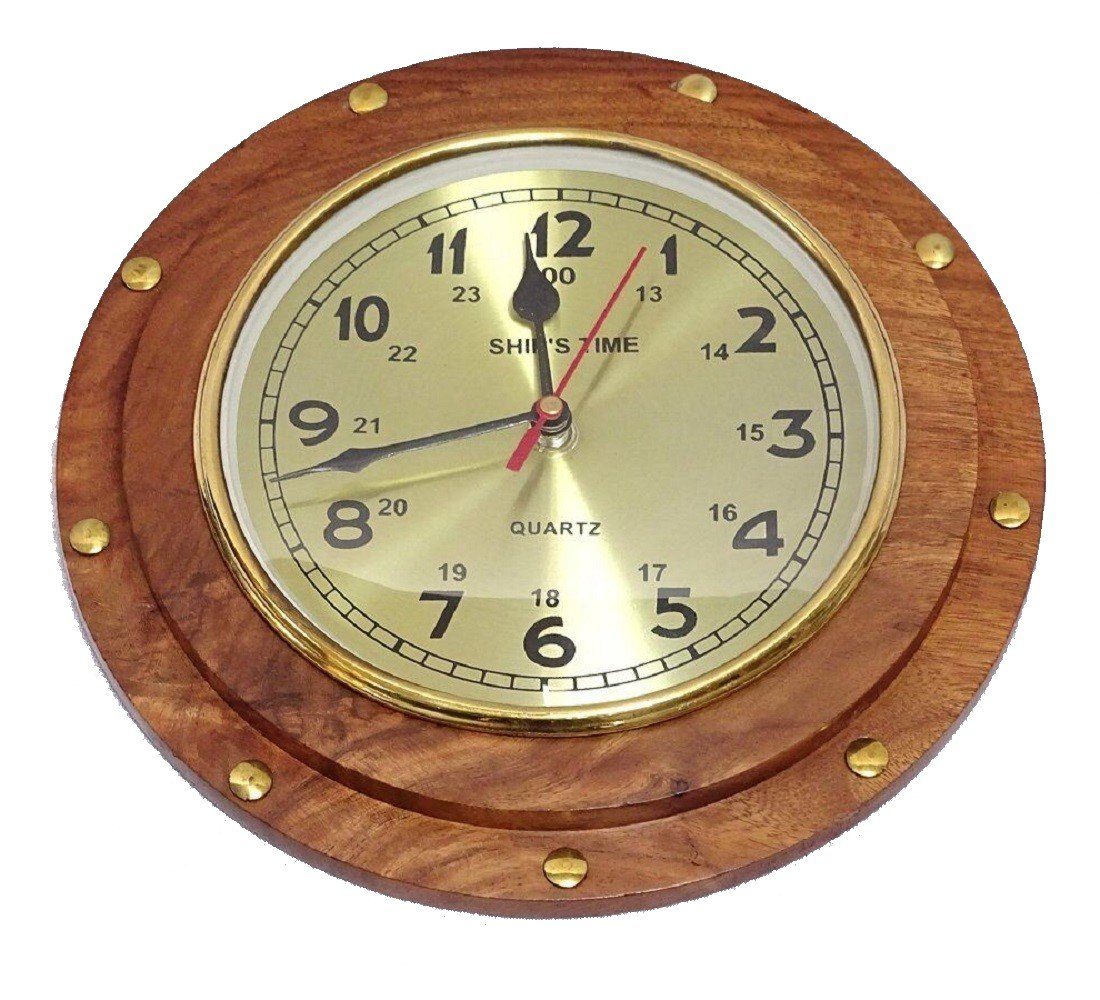 Linoows Uhr Wanduhr im Holz Bullauge, Schiffs Uhr, Kapitänsuhr 23 cm