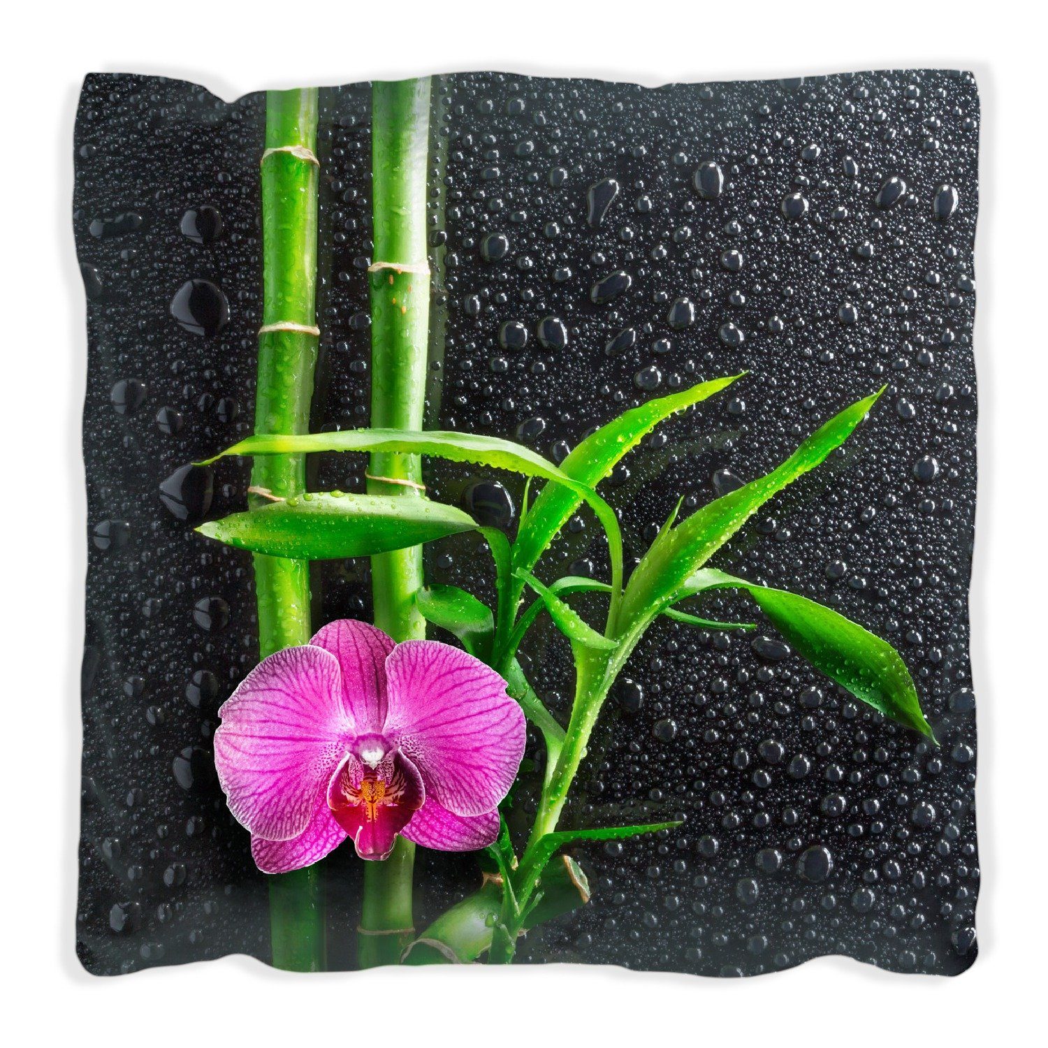 Wallario Dekokissen Bambus und pinke Orchidee auf schwarzem Glas mit Regentropfen, handgenäht