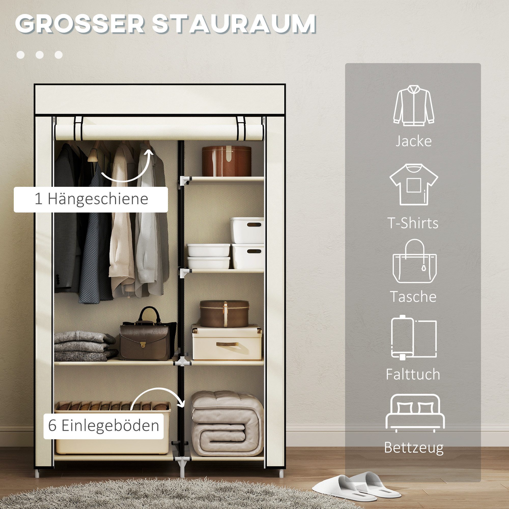 HOMCOM Stoffschrank Klappbarer Kleiderschrank Faltbare Garderobe in Vlies-Optik (Kleiderständer, 1-St., Faltschrank) Cremeweiß, 103 x 43 x 162,5 cm – Bild 4 von 5