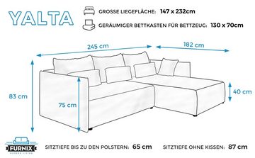 Furnix Ecksofa YALTA Schlafsofa Couch ausziehbar mit Bettkasten und Kissen, Made in Europe