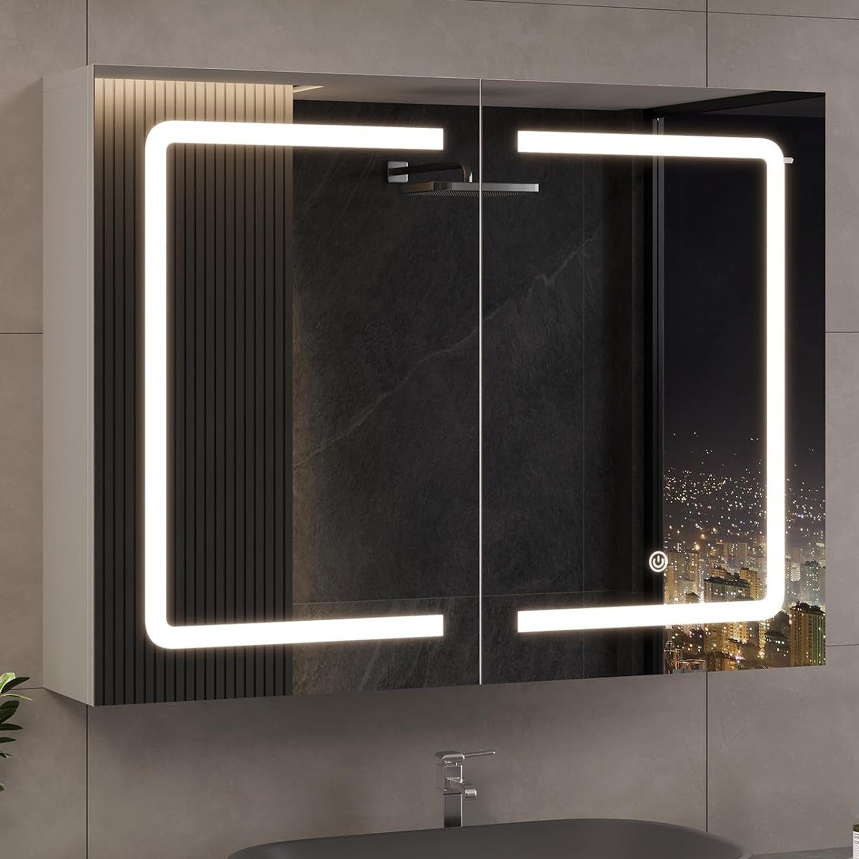 Furnishings Home Badezimmerspiegelschrank Badezimmerspiegelschrank Spiegelschrank Hängeschrank (Einstellung der warmen und kalten Farbtemperatur 3000/4500/6400K) inkl. LED-Beleuchtung, Touchschalter, Antibeschlagfunktion