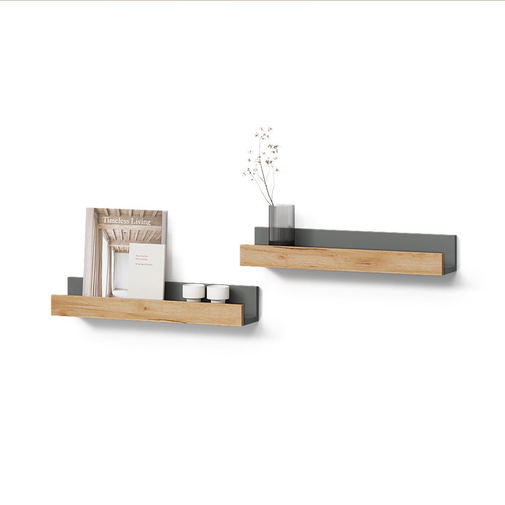 Livinity® Bücherregal Lorena, Anthrazit/Goldkraft Eiche, 60 x 10 cm 2er Set, 2-tlg.