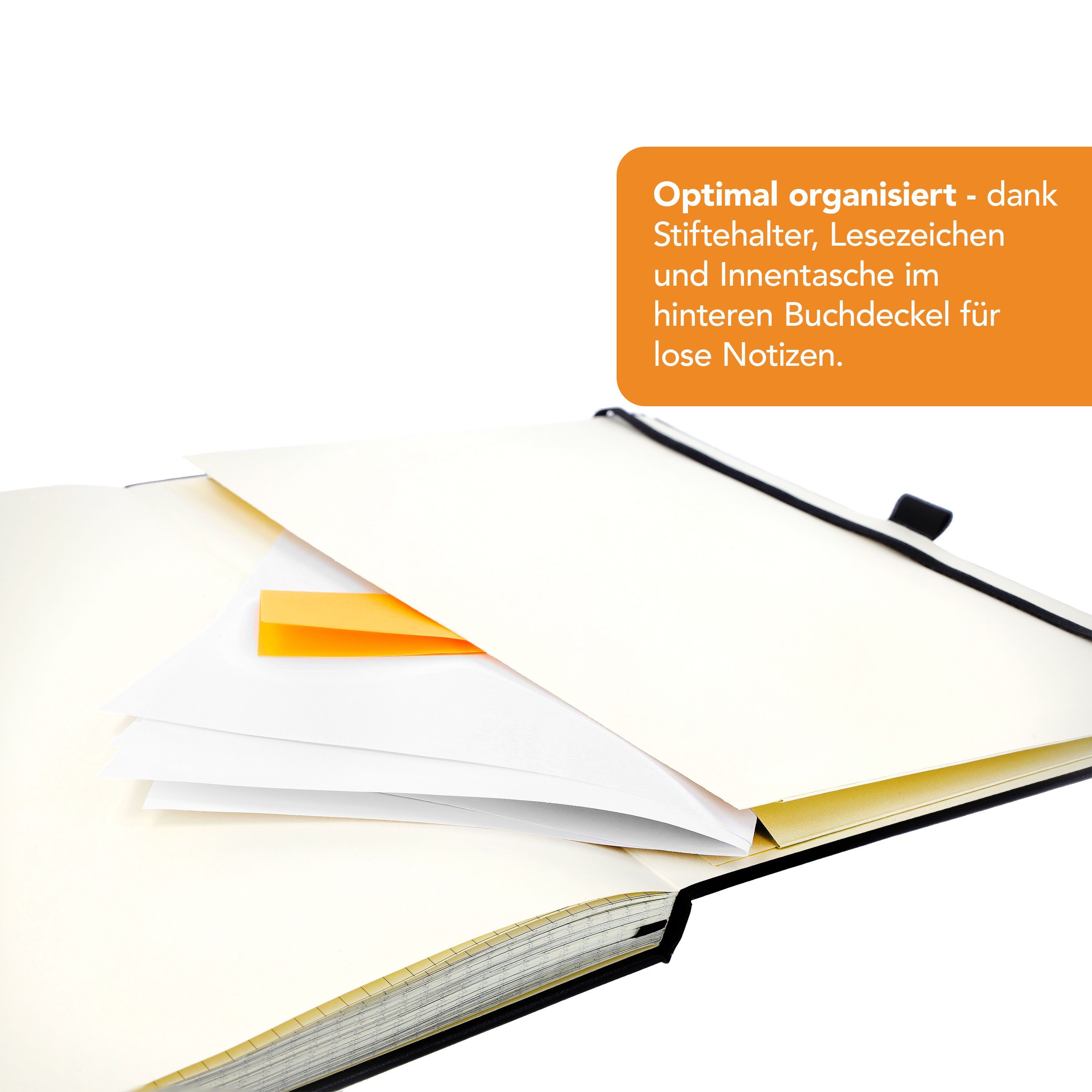 WESTCOTT Notizbuch DIN A4 kariert (2er-Set), 192 Seiten im Hardcover, 80 g/m² FSC, Innentasche, Lesezeichen, Gummizug, Stifthalter