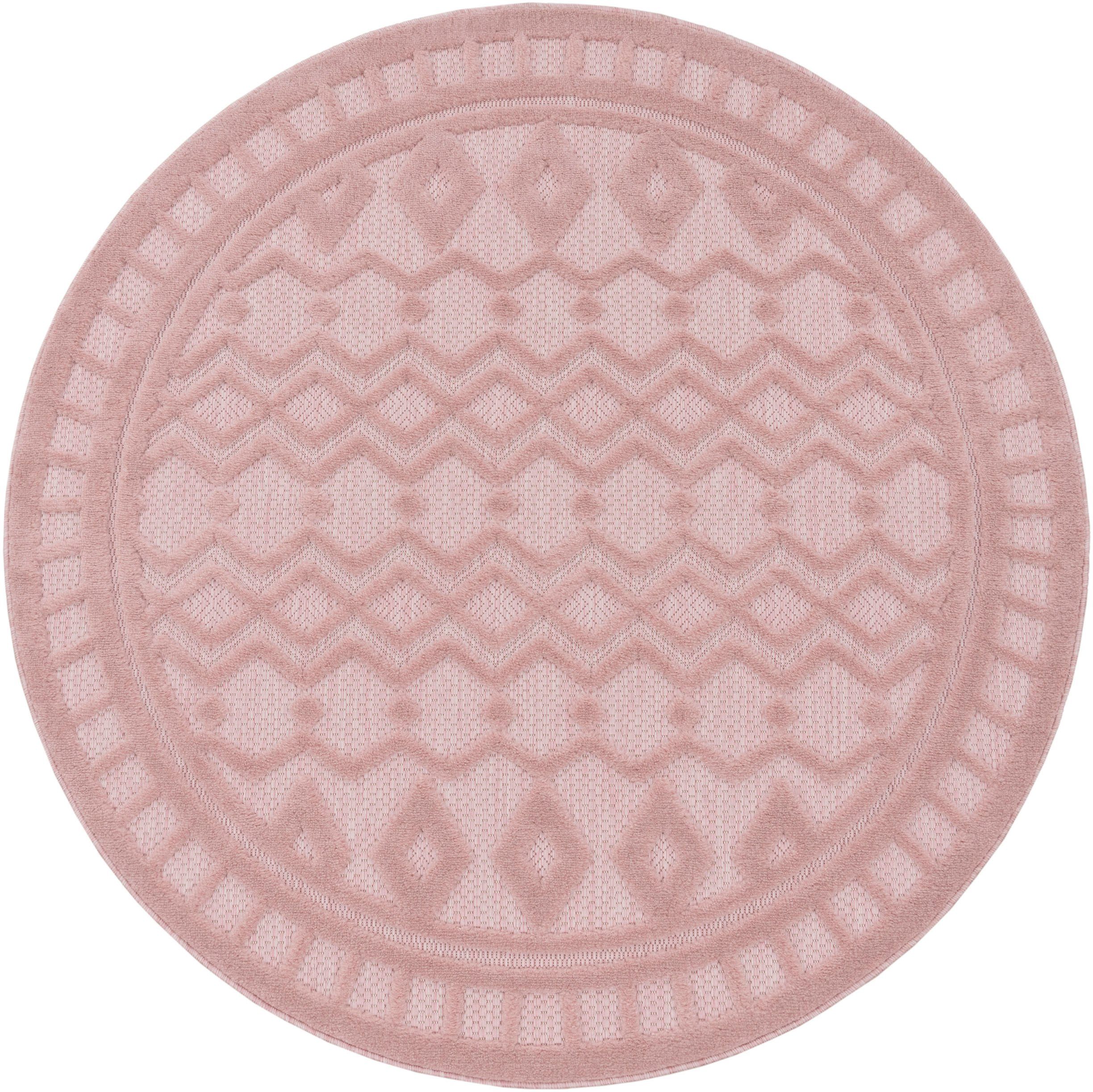 Teppich Livorno 671, Paco Home, rund, Höhe: 14 mm, Uni-Farben, Scandi, Rauten Muster, Hoch-Tief Effekt, Outdoor geeignet pink