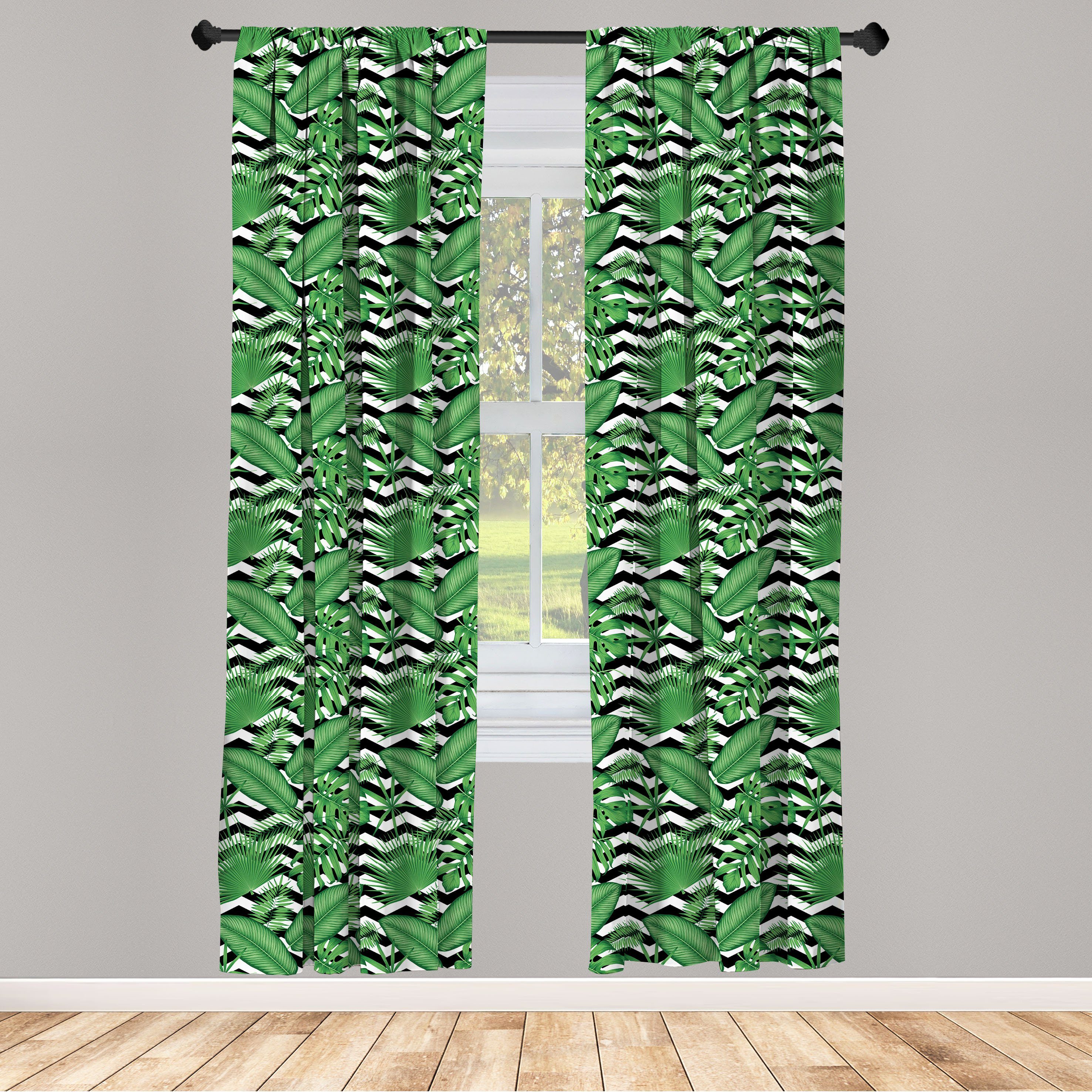 Gardine Vorhang für Wohnzimmer Schlafzimmer Dekor, Abakuhaus, Microfaser, Dschungel-Laub Blätter auf Zigzags