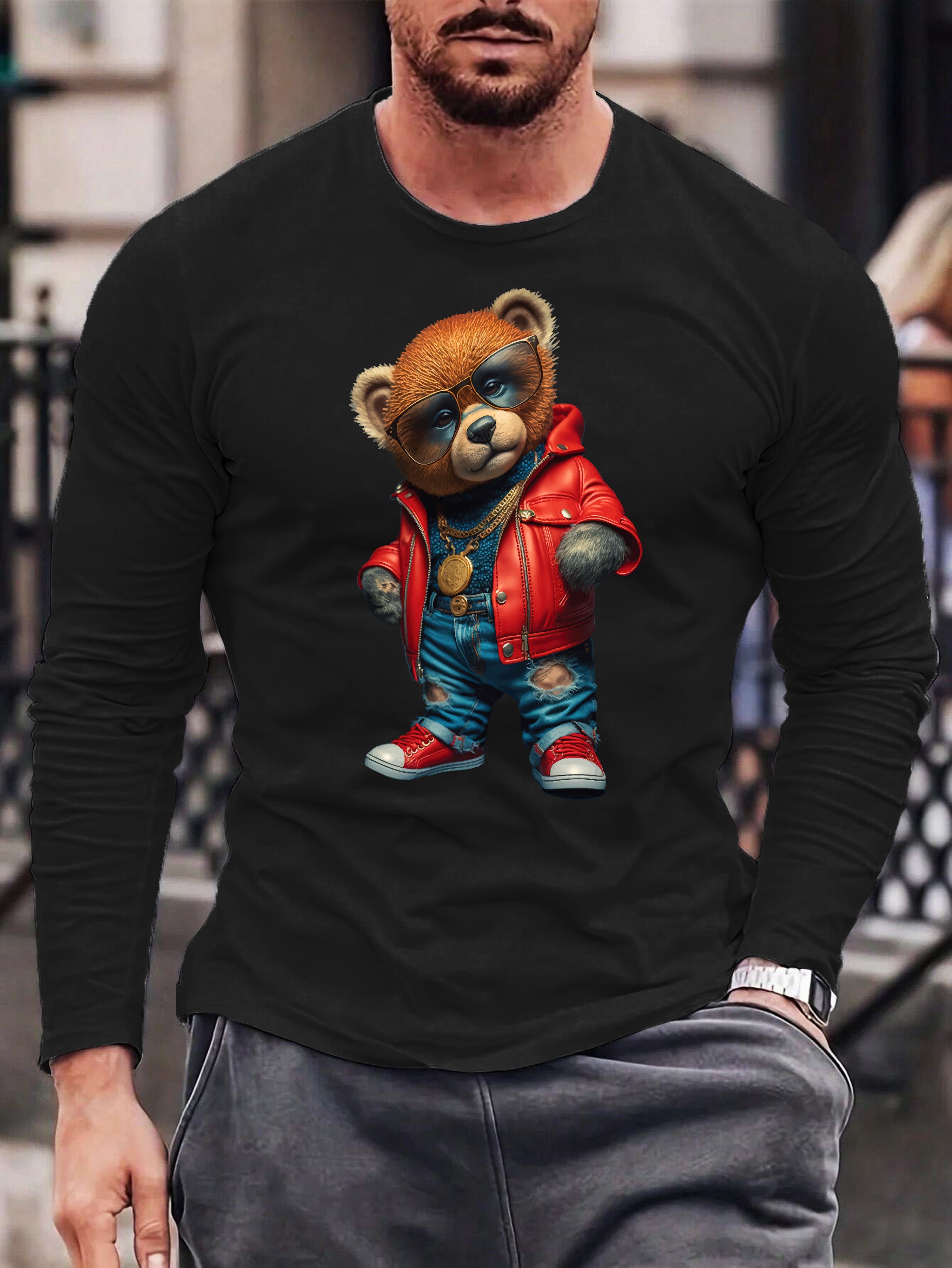 Teddybär aus Baumwolle, Basic Schwarz Langarmshirt (Model 1) Herren mit RMK Longsleeve Bär Rundhals Print lizenziertem