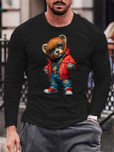RMK Longsleeve Herren Langarmshirt Rundhals Basic Teddybär Bär aus Baumwolle, mit lizenziertem Print