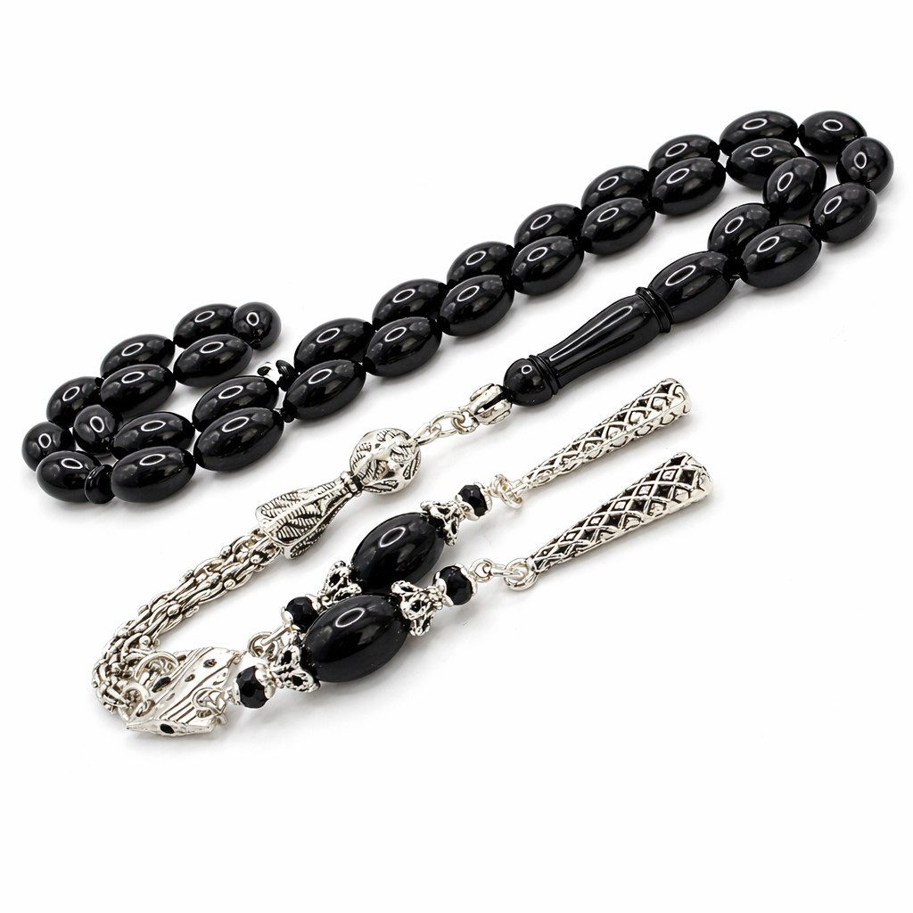 M-Punkt24 Kettenanhänger Tesbih Tesbih (8 x 12 mm, Siyah / Schwarz, Beyzi/Olive), Gebetskette, Rosary, inkl. Etui, ! SONDERPREIS, DA PRODUKTNEUHEIT !