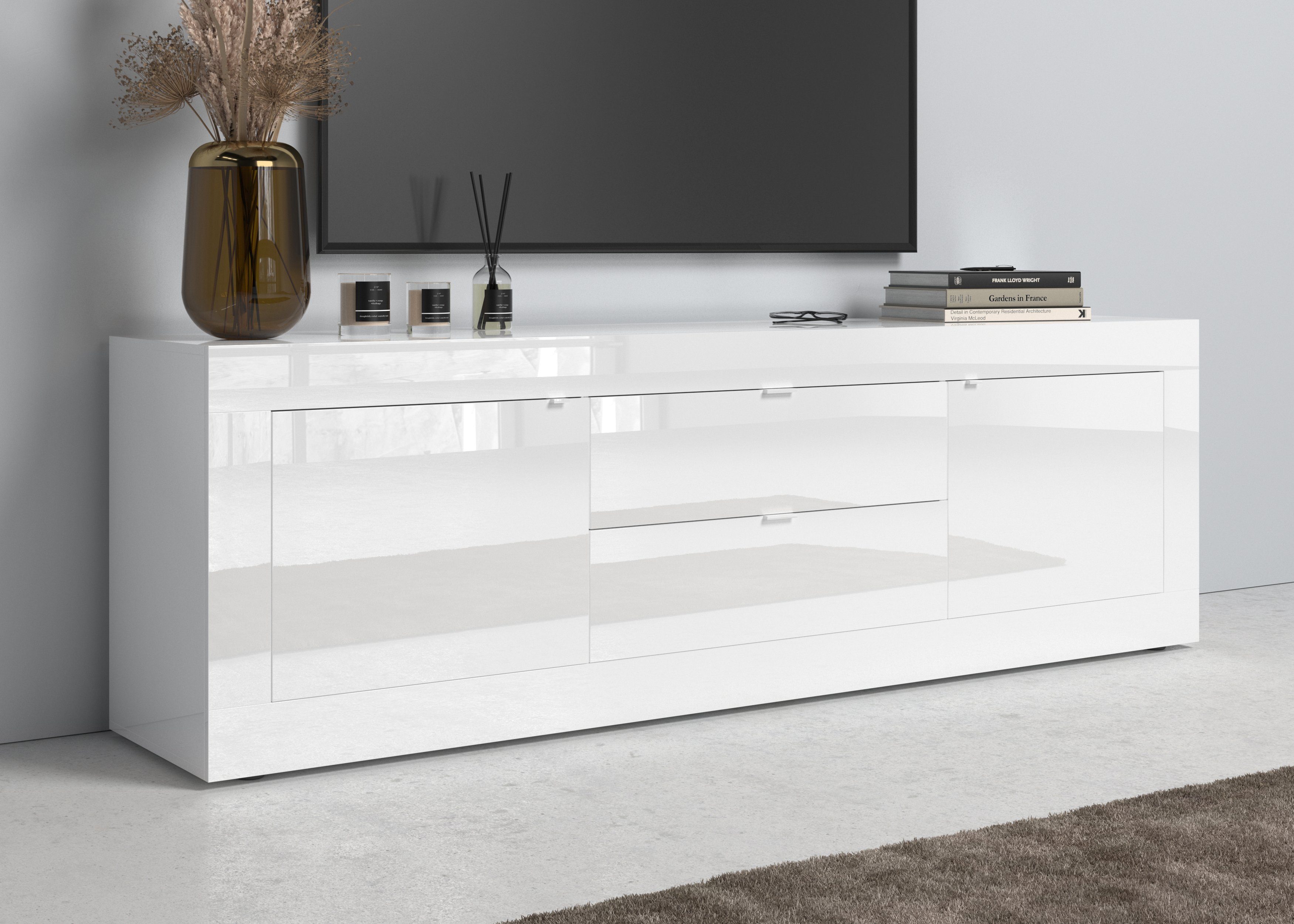 Lowboard Basic Breite 210 cm, TV-Board 2 Türen, 2 Schubkästen, TV-Schrank