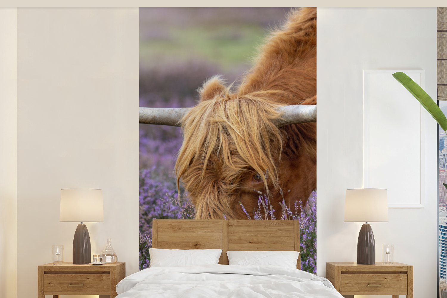 MuchoWow Fototapete Schottischer Highlander Tiere Matt, Schlafzimmer bedruckt, (2 Heide, Vliestapete Küche, Wohnzimmer für - Fototapete - St)