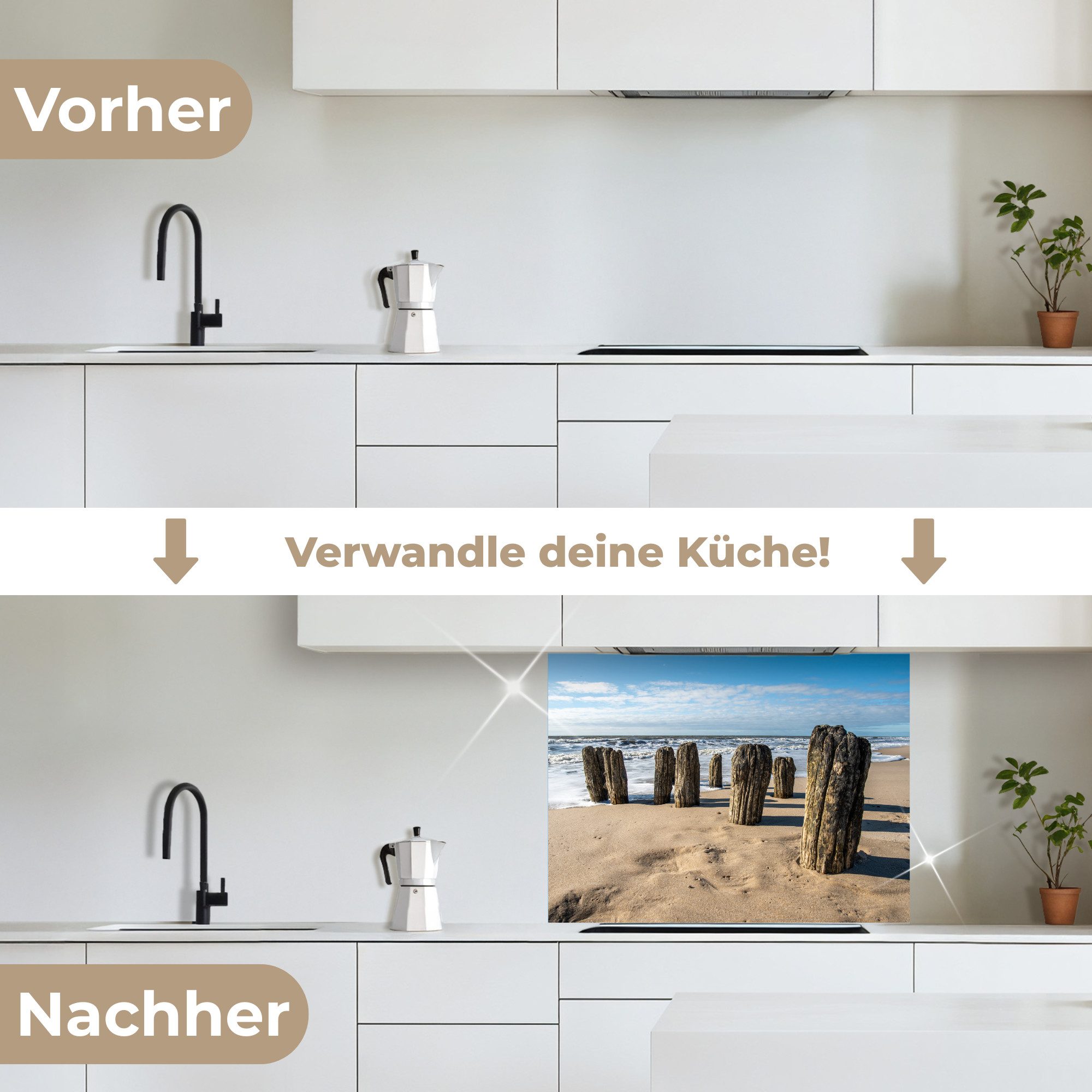 KitchenYeah Küchenrückwand selbstklebend Sand - Strand - Pfahl - Wasser - Sommer, (1-tlg), Spritzschutz, Küche, Rückwand, Küchenwand, Küchenfront, 80x60 cm – Bild 3 von 5
