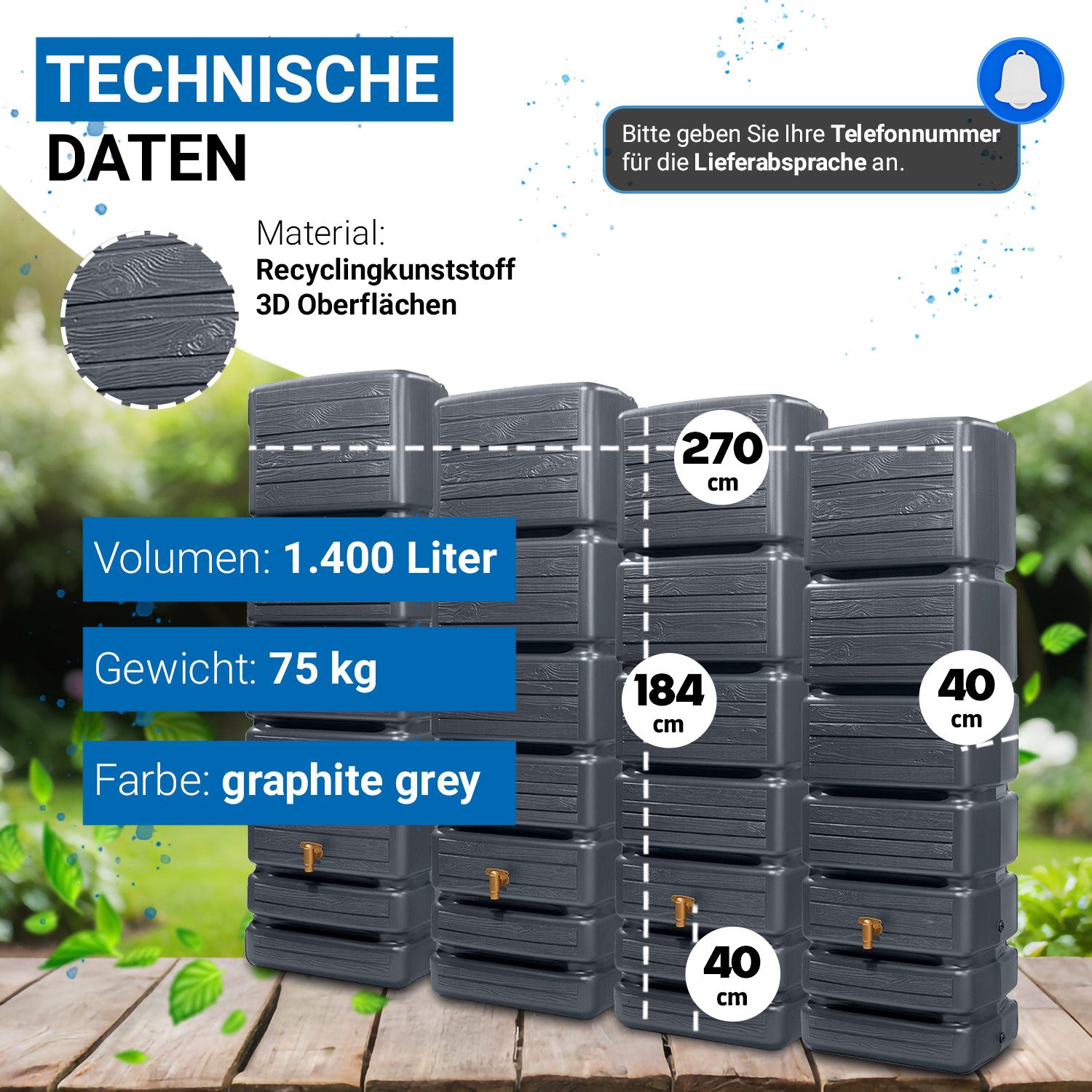 4rain Regentonne SLIM WOOD DECOR Wandtank-Set 1400 Liter graphite grey