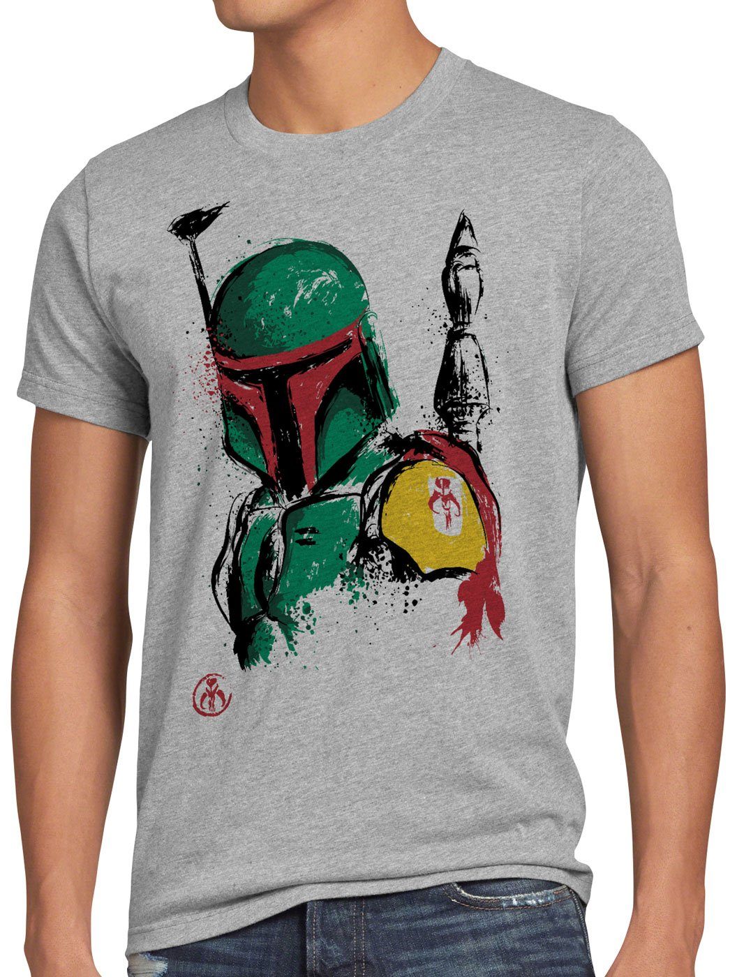 Print-Shirt T-Shirt Herren Boba hunter slave1 meliert grau mando style3 Kopfgeldjäger bounty