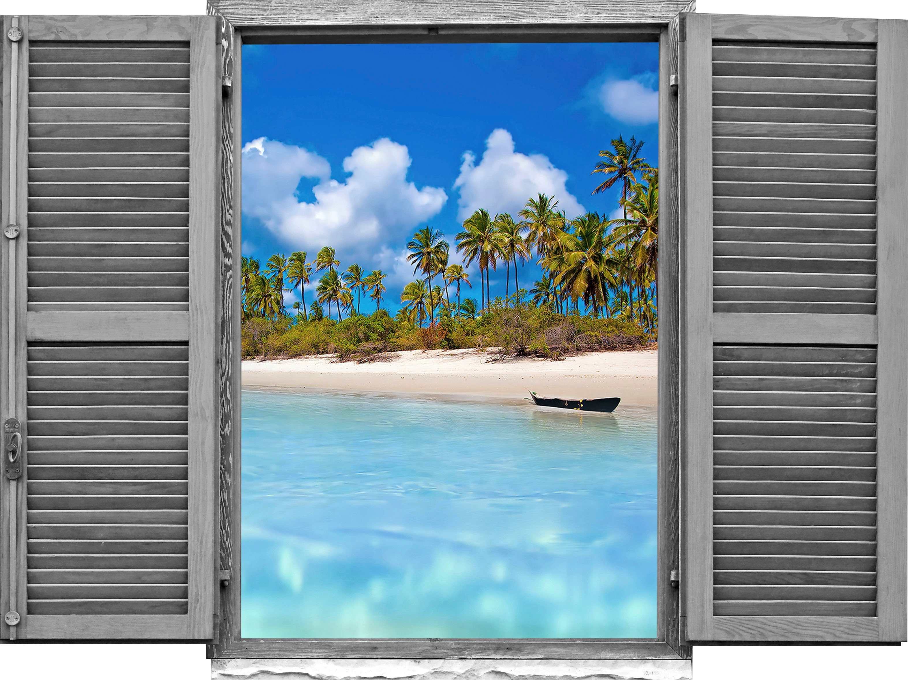 queence Wandtattoo Strand mit Palmen (1 St), Wandsticker, Wandbild, selbstklebend, 3D, Fenster