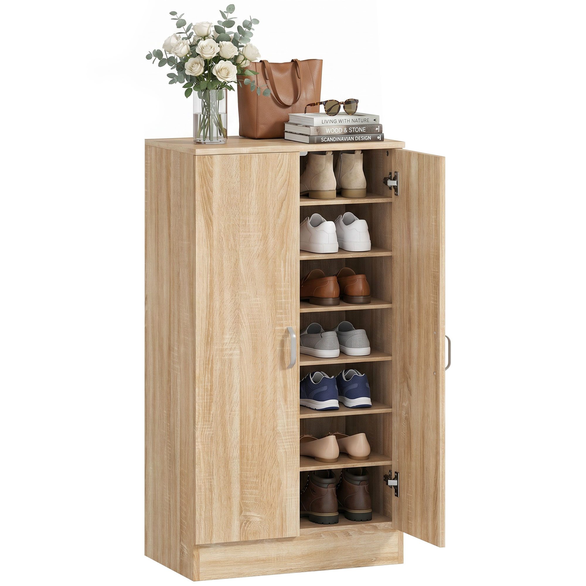 HOMCOM Schuhschrank Schuhkommode mit 2 Türen, 6 Verstellbaren Ablagen, Soft-Close-Funktion (Schuhregal, 1-St., Schuhaufbewahrung) für 14 Paar Schuhe 55 x 35 x 108 cm, Naturholz