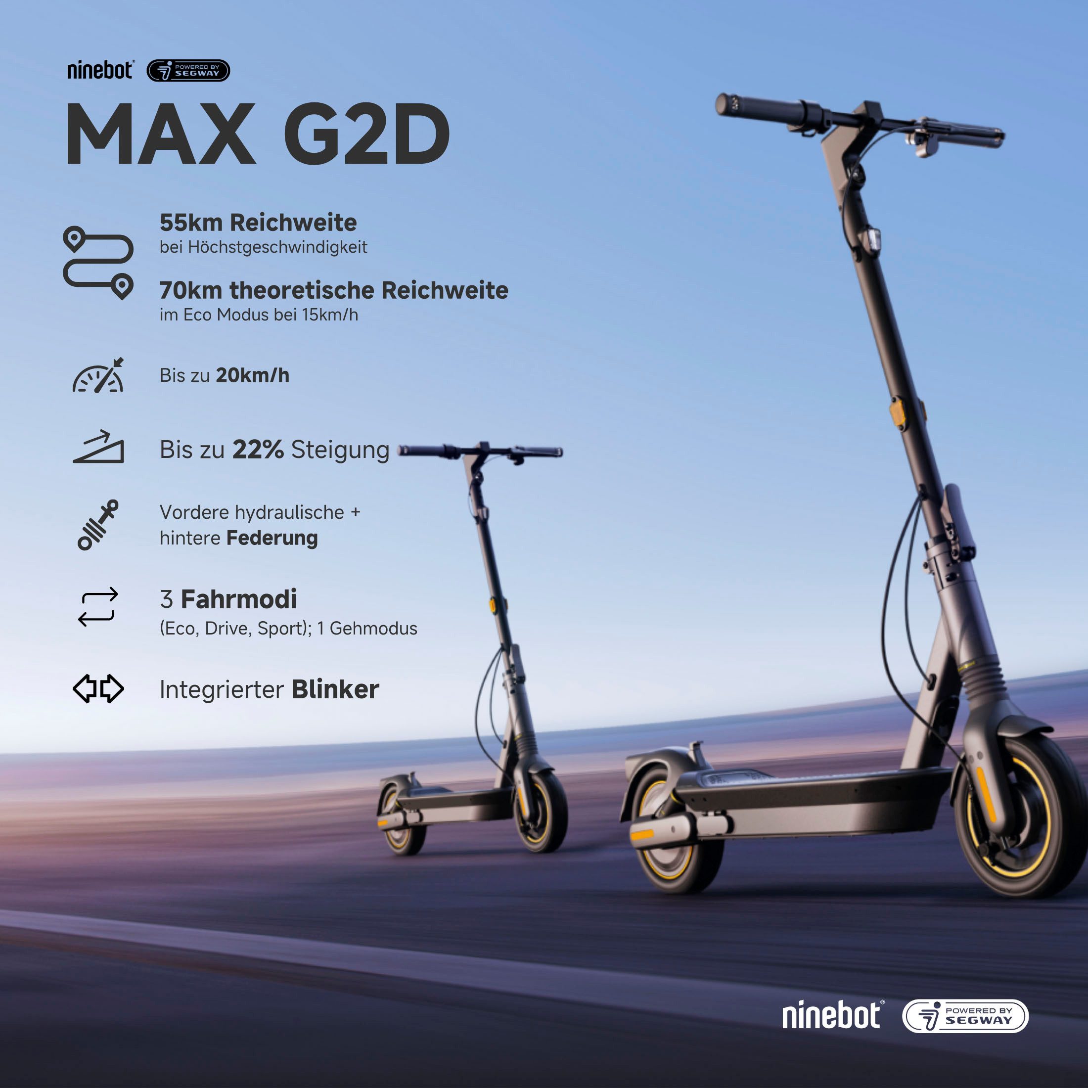 Segway E-Scooter KickScooter MAX G2 D, 20 km/h, Ninebot E-Scooter, mit Straßenzulassung, bis zu 70 km Reichweite