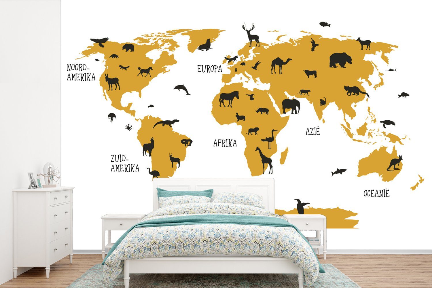 MuchoWow Fototapete Weltkarte - Kinder - Gold - Tiere - Kind, Matt, bedruckt, (6 St), Wallpaper für Wohnzimmer, Schlafzimmer, Kinderzimmer, Vinyl Tapete