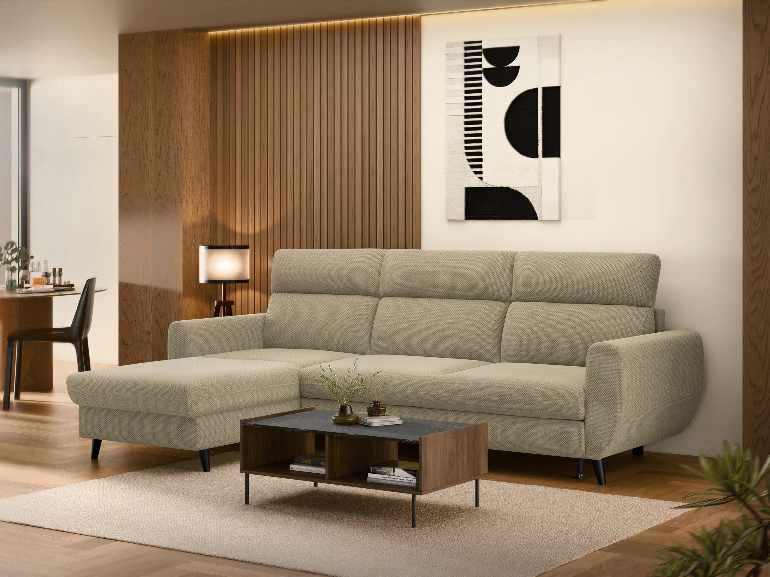 MIRJAN24 Ecksofa Torro Mini, mit Schlaffunktion und Bettkasten, 258x168x100 cm, Einstellbare Kopfstützen