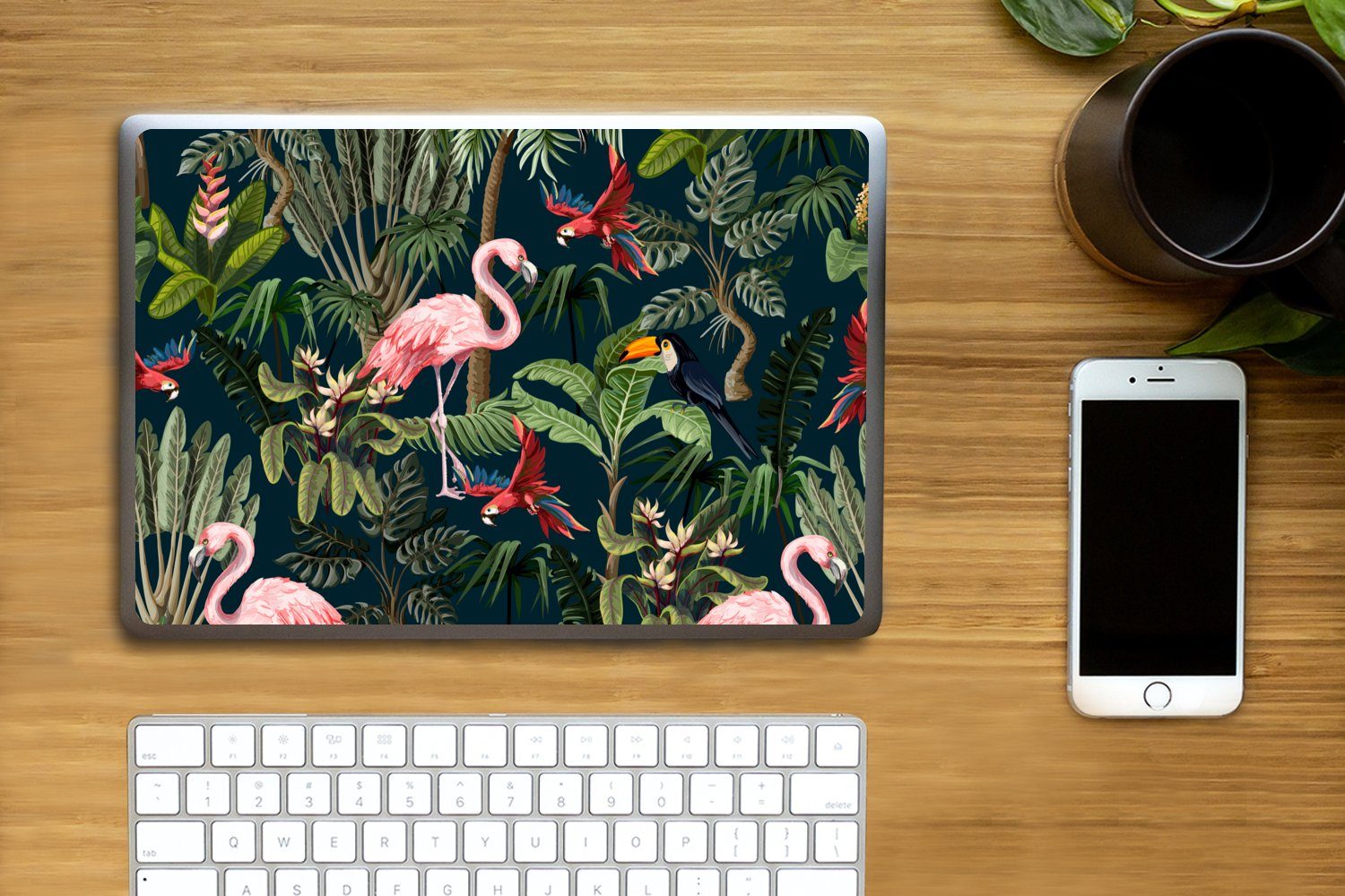 Thumbnail - MuchoWow Laptop-Aufkleber Jungtiere - Muster - Kinder - Flamingo - Papagei - Kinder, (1tlg), Laptop Folien Cover, Aufkle...