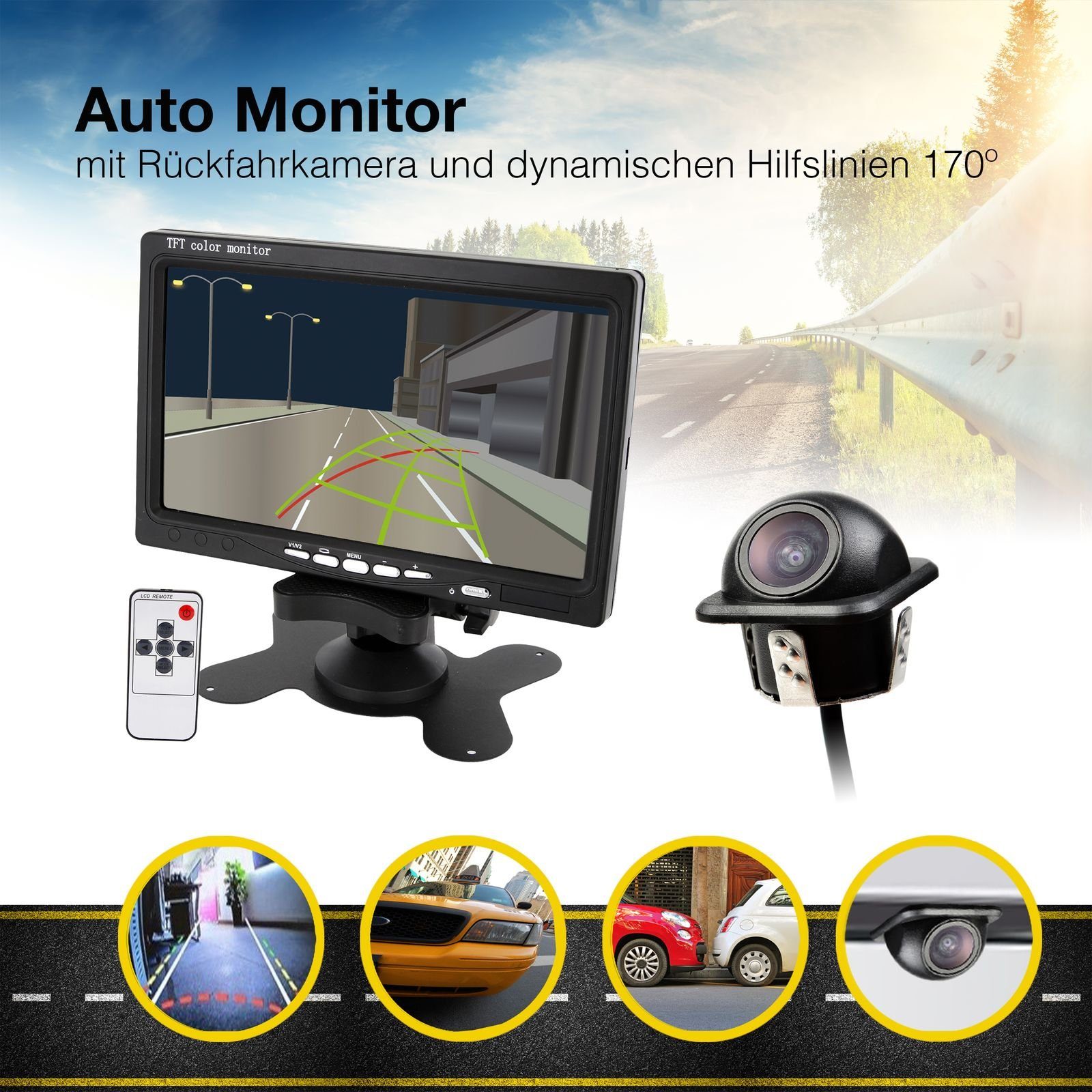 (Auto Einparkhilfe) Parklinien, Rückfahrsystem Rückfahrkamera dynamische Monitor + mit CARMATRIX 170° 7" Hilfslinien CM-393 Rückfahrkamera