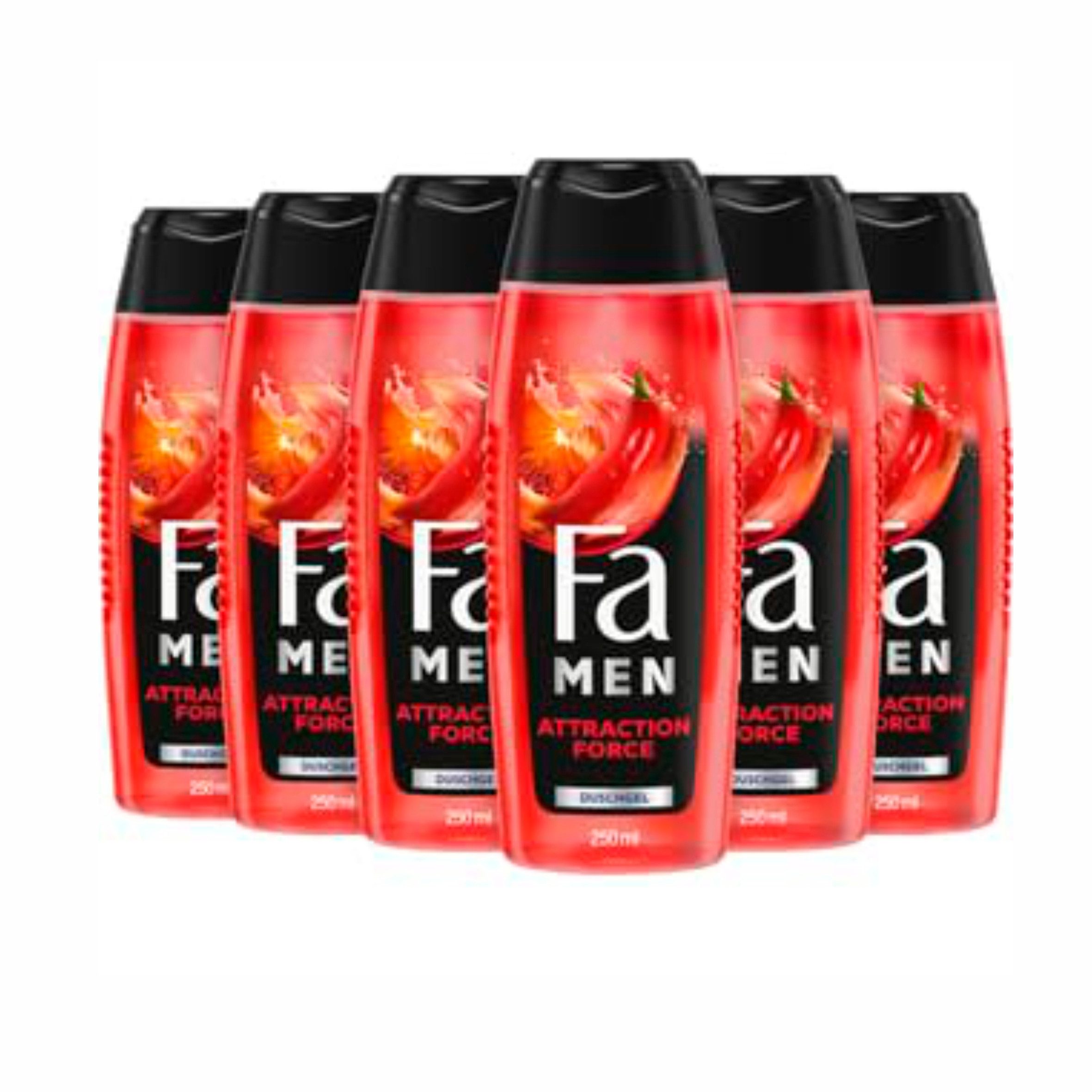 FA Duschgel 6x Fa Men 2in1 Körper & Haar Duschgel Attraction Force 250 ml, 6-tlg., mit erfrischendem Duft von Bergamotte & Limette