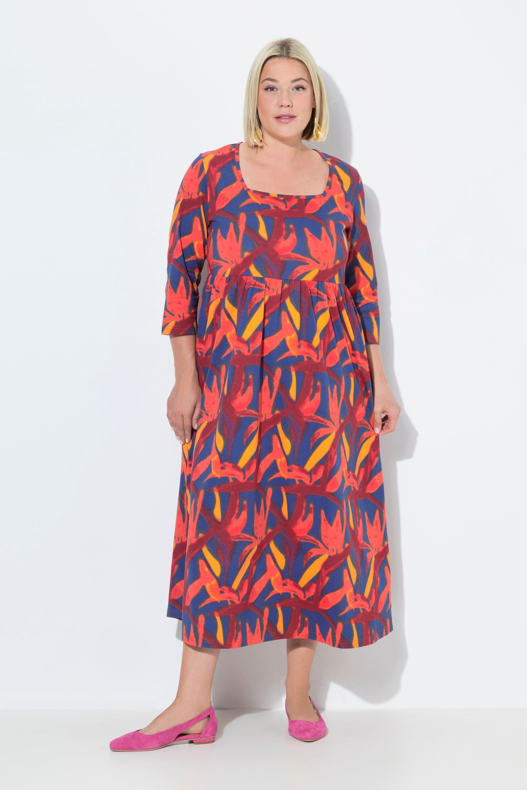Maxikleid Jerseykleid A-Linie Carré-Ausschnitt 3/4-Arm