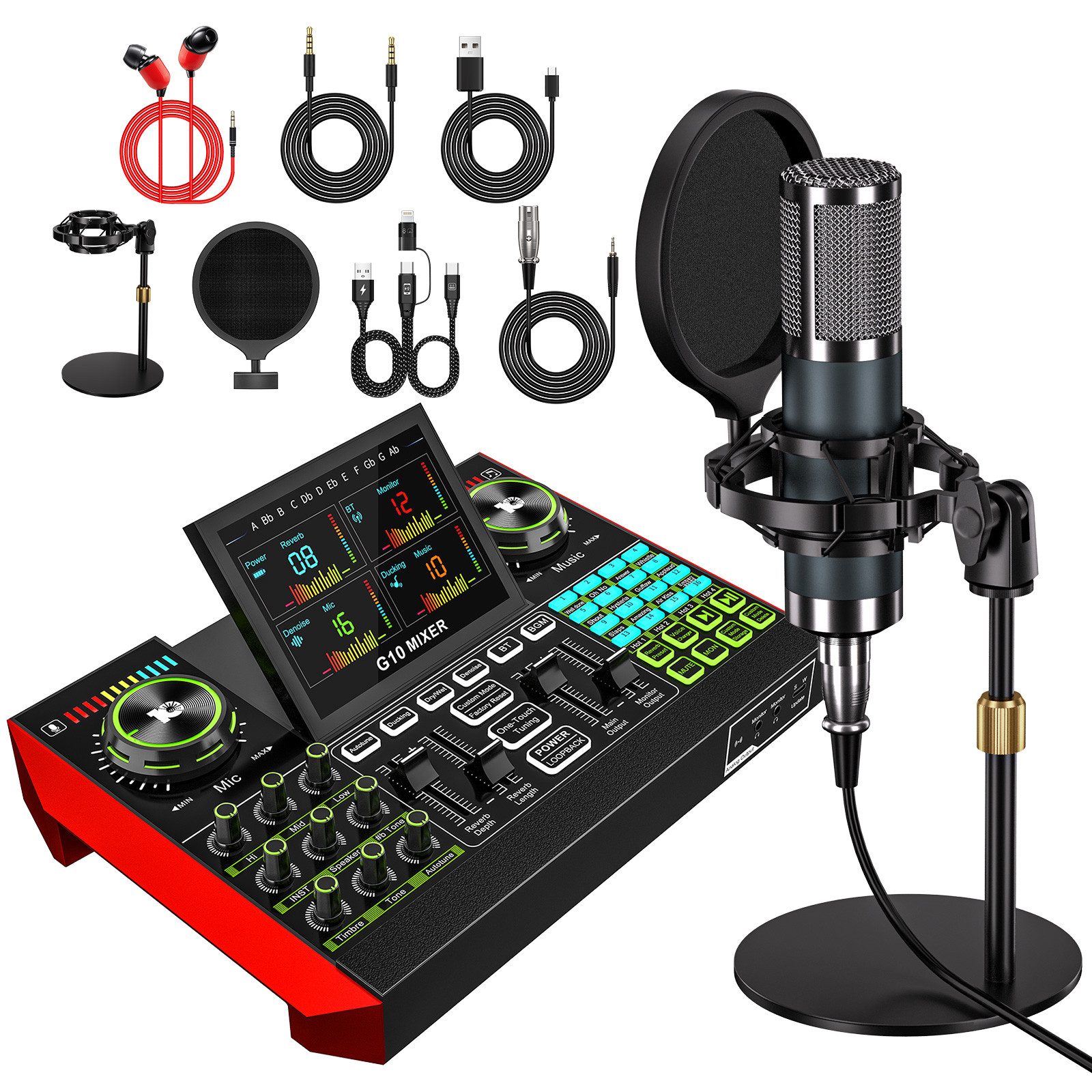Tenlamp G10-P15A Podcast-Ausrüstungsset mit Audio-Mixer und Soundkarte Soundkarte