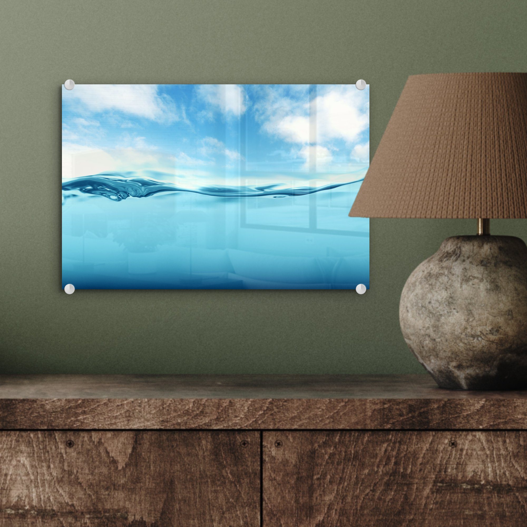 Meer - - Glasbilder Blau, Wolken MuchoWow auf Wanddekoration Wandbild - St), - Glas - Glas (1 auf Foto Bilder Acrylglasbild